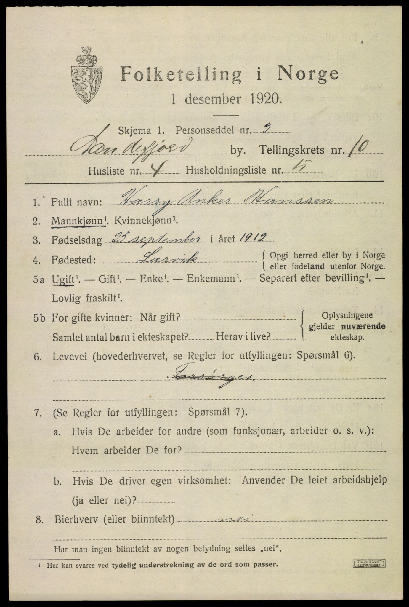 SAKO, 1920 census for Sandefjord, 1920, p. 14160