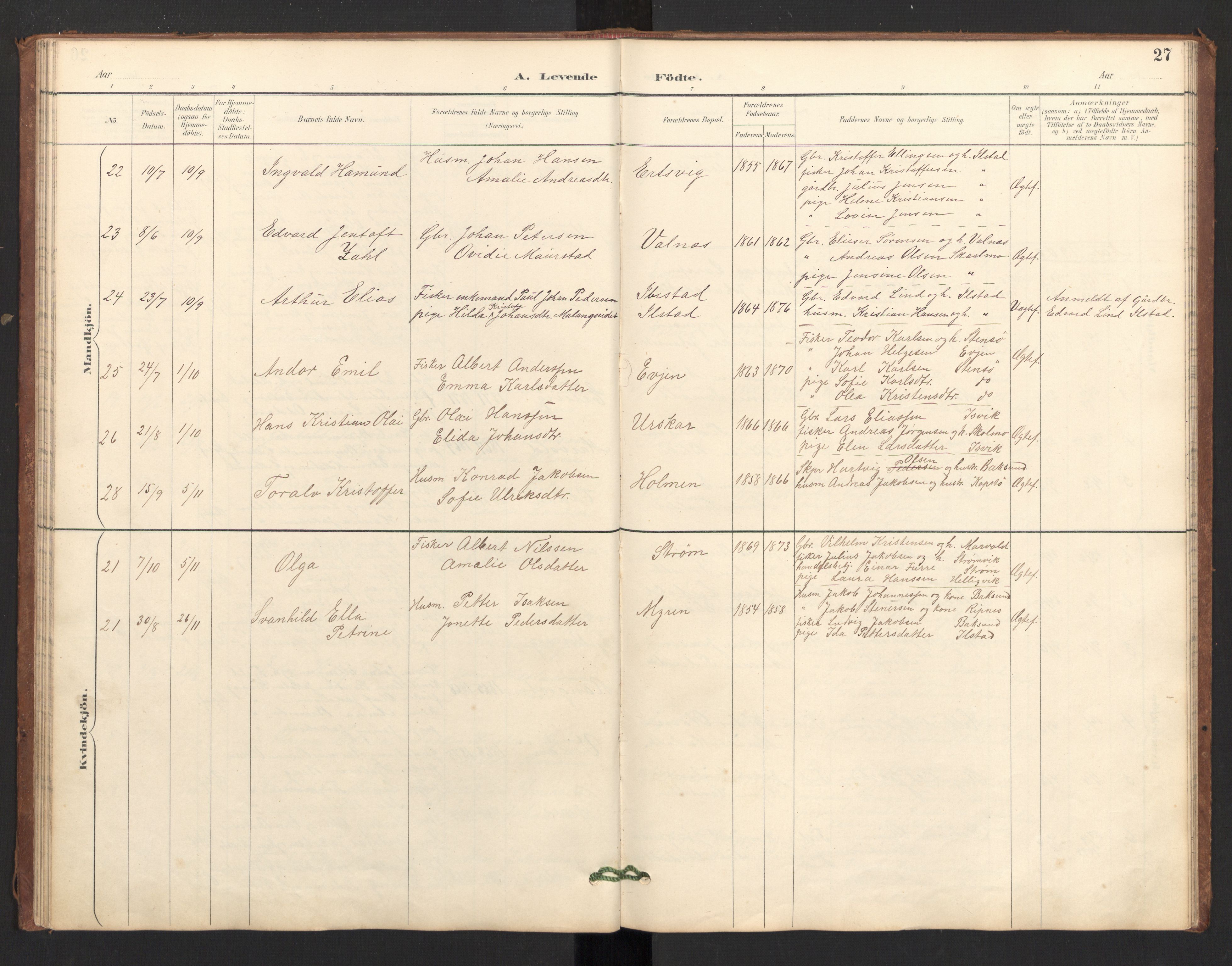 Ministerialprotokoller, klokkerbøker og fødselsregistre - Nordland, AV/SAT-A-1459/804/L0087: Parish register (official) no. 804A08, 1894-1907, p. 27