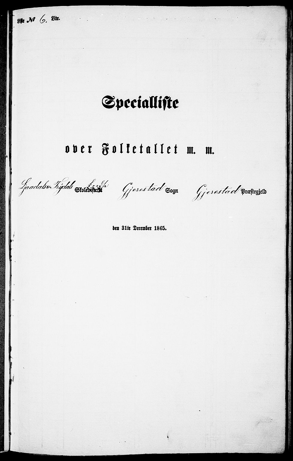 RA, 1865 census for Gjerstad, 1865, p. 92