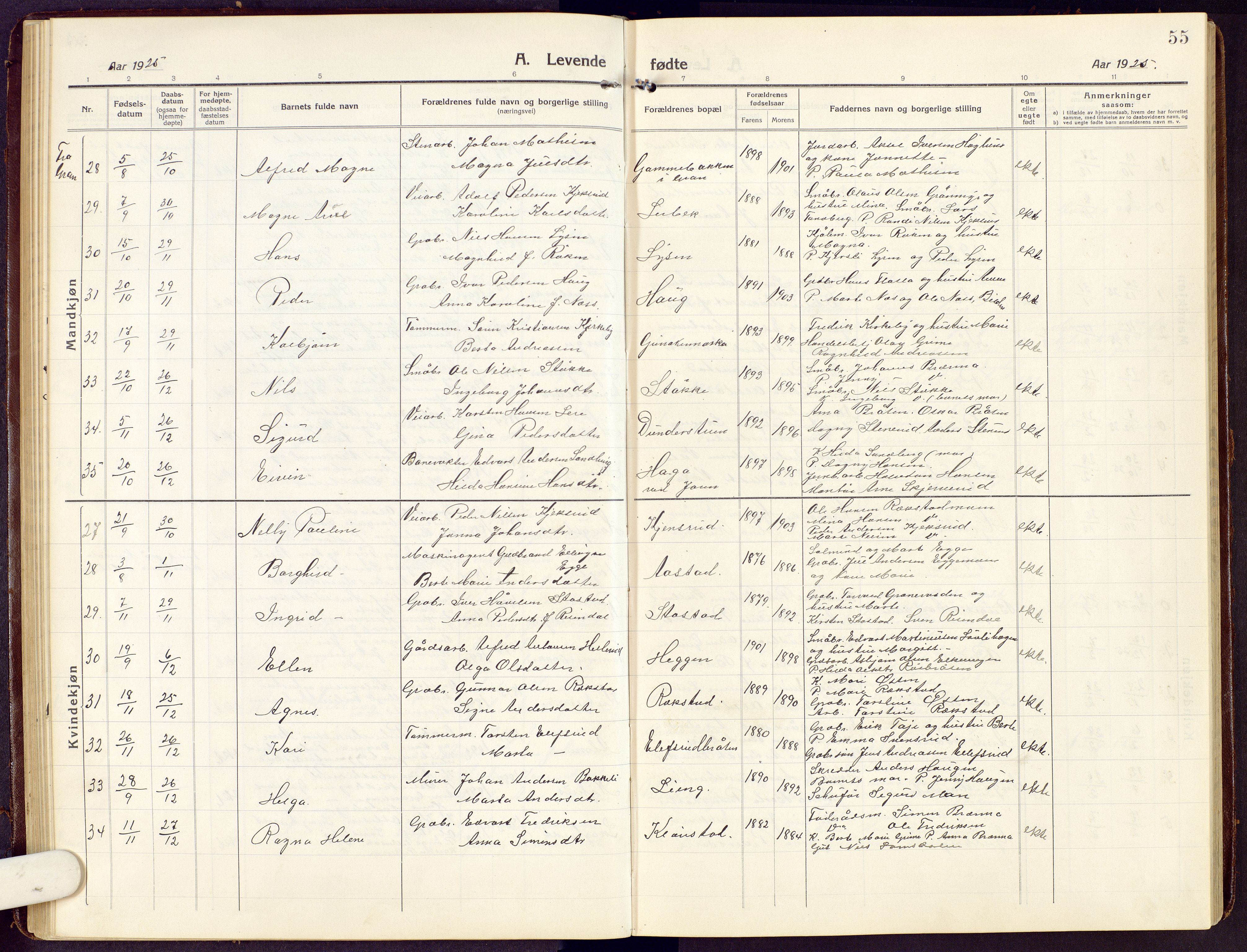 Brandbu prestekontor, SAH/PREST-114/H/Ha/Hab/L0010: Parish register (copy) no. 10, 1916-1930, p. 55