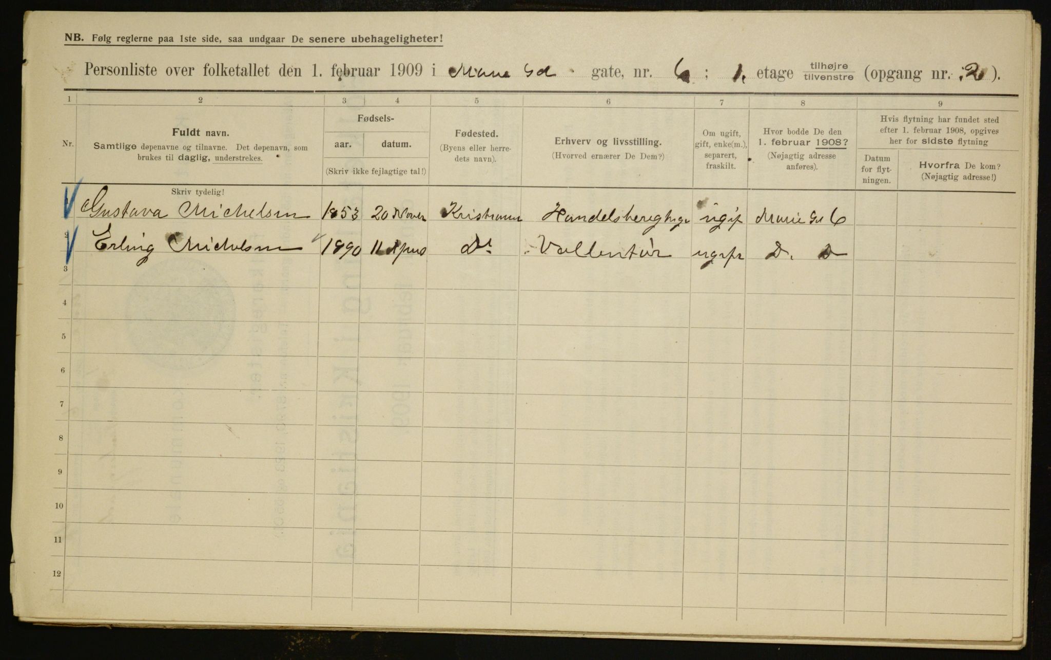 OBA, Municipal Census 1909 for Kristiania, 1909, p. 56908