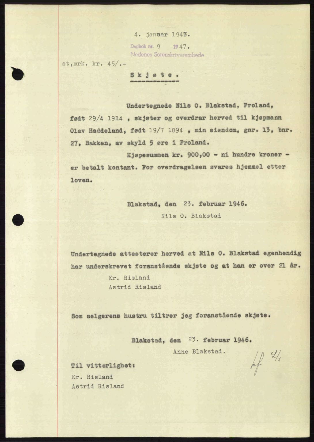 Nedenes sorenskriveri, SAK/1221-0006/G/Gb/Gba/L0056: Mortgage book no. A8, 1946-1947, Diary no: : 9/1947