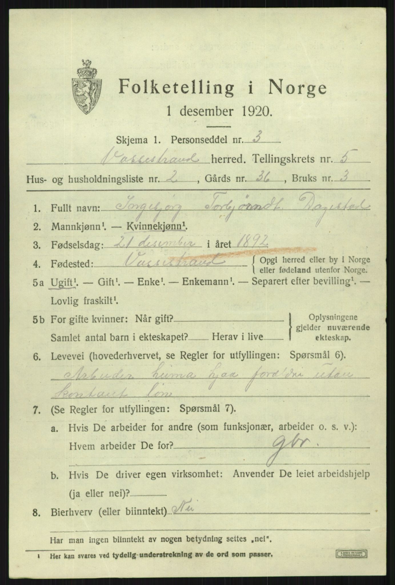 SAB, 1920 census for Vossestrand, 1920, p. 2380