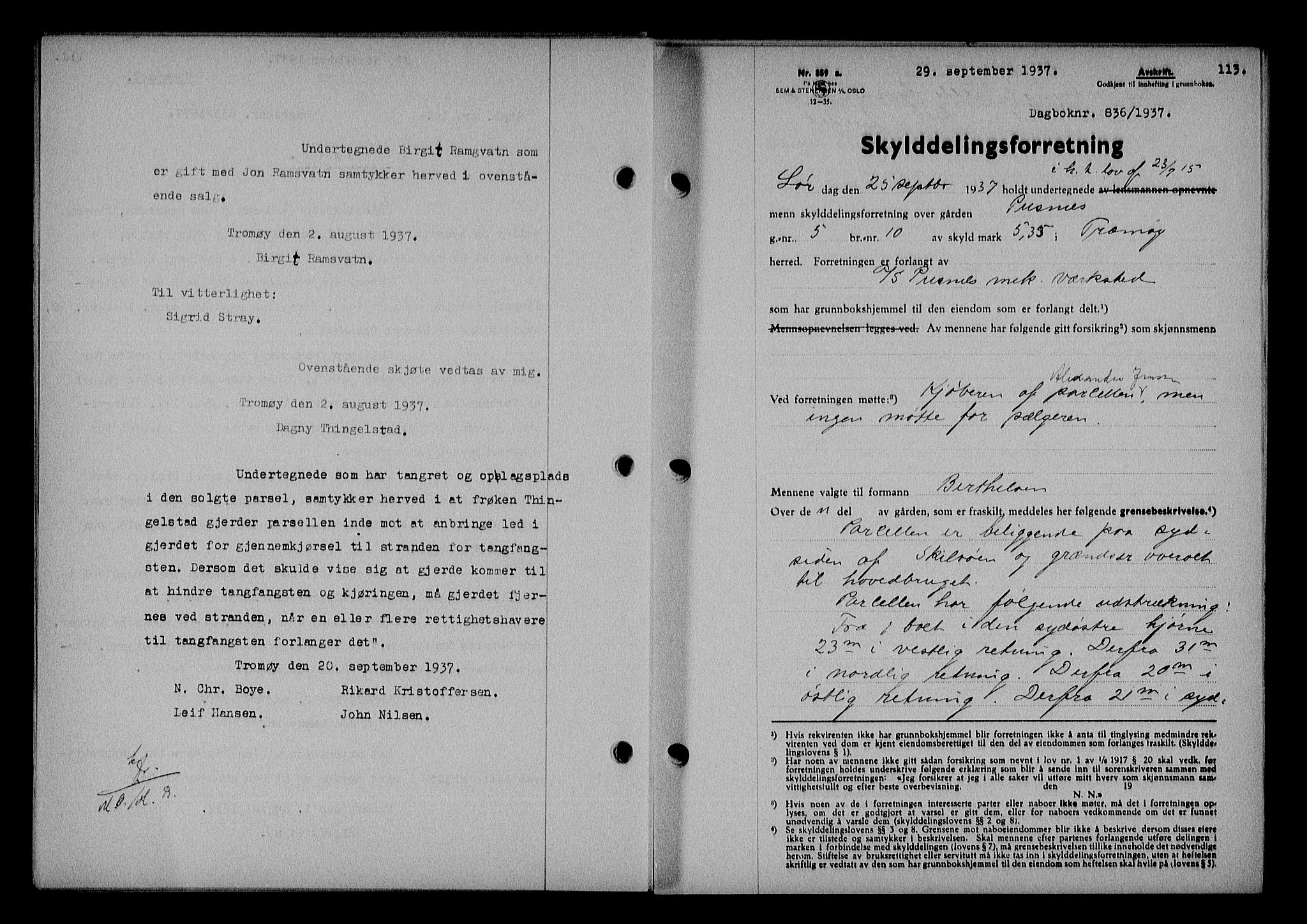 Nedenes sorenskriveri, SAK/1221-0006/G/Gb/Gba/L0044: Mortgage book no. 40, 1937-1938, Diary no: : 836/1937