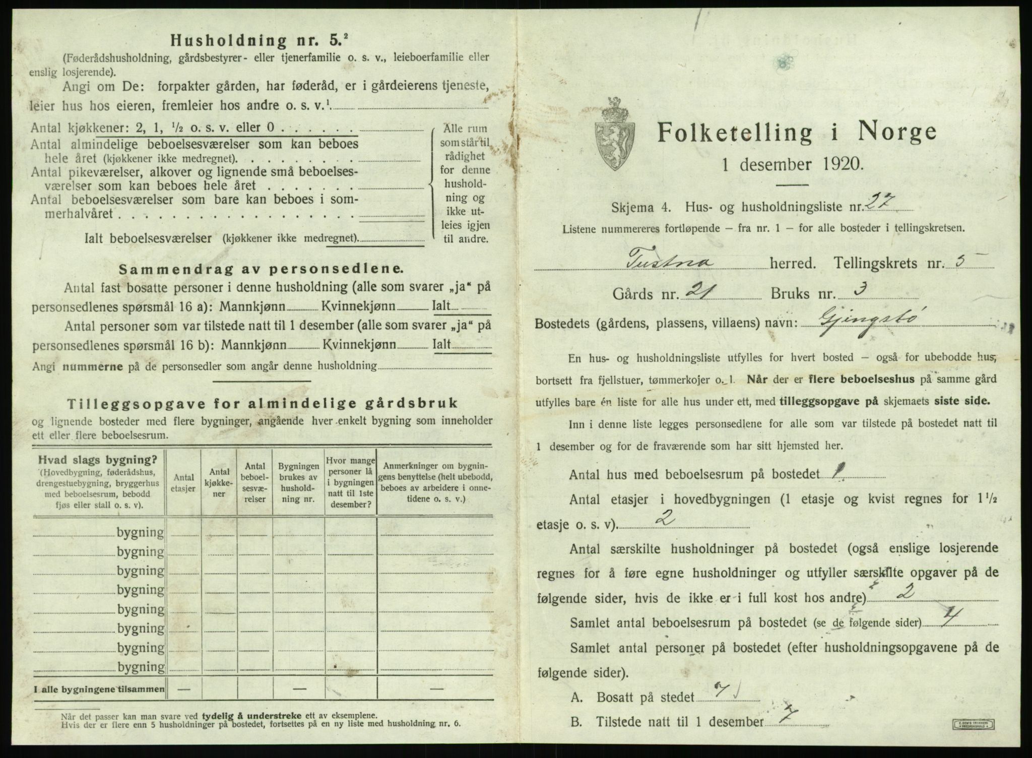 SAT, 1920 census for Tustna, 1920, p. 383