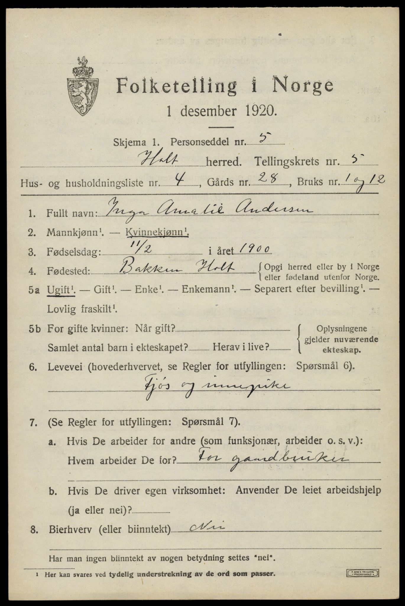 SAK, 1920 census for Holt, 1920, p. 3464