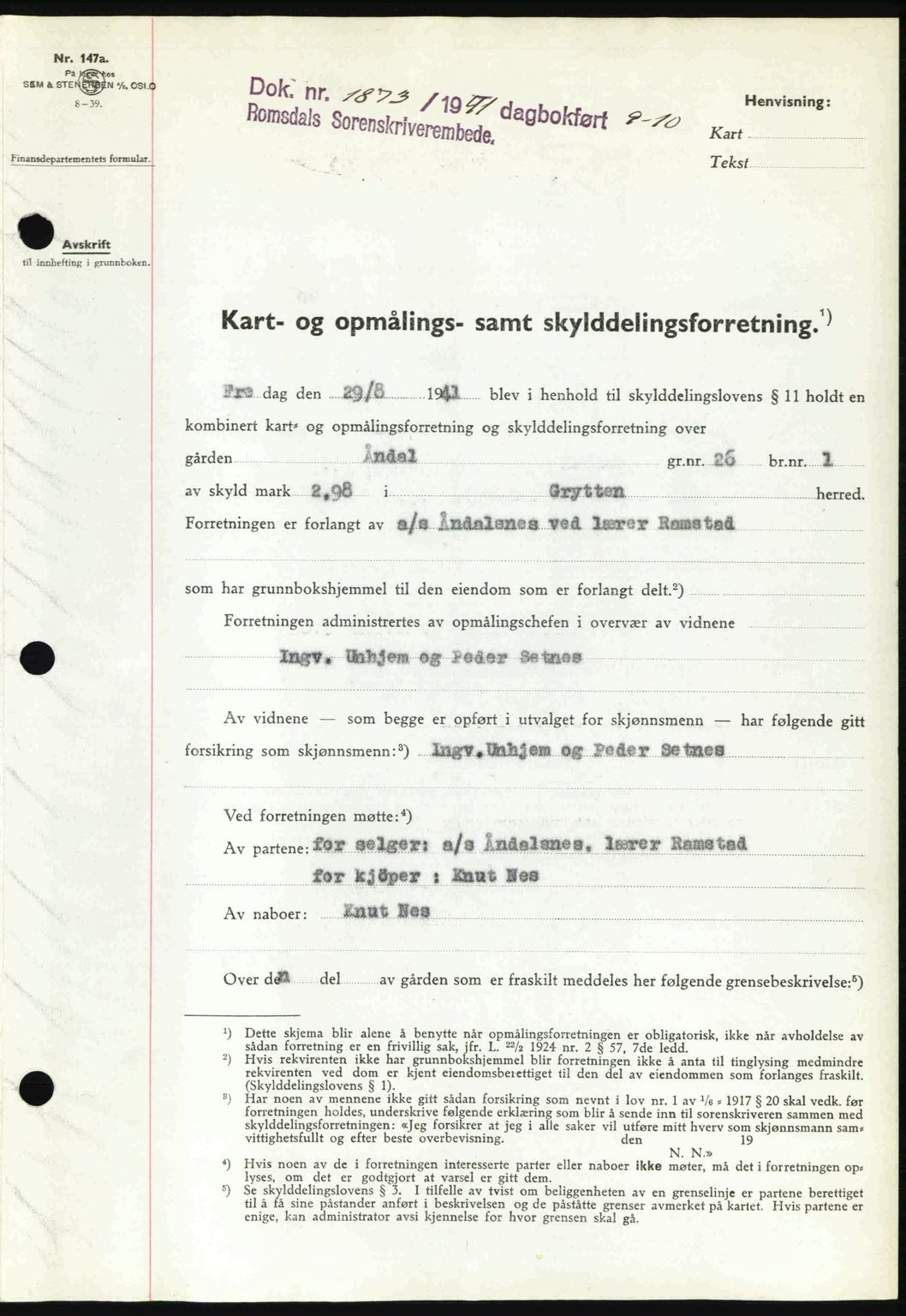 Romsdal sorenskriveri, AV/SAT-A-4149/1/2/2C: Mortgage book no. A11, 1941-1942, Diary no: : 1873/1941