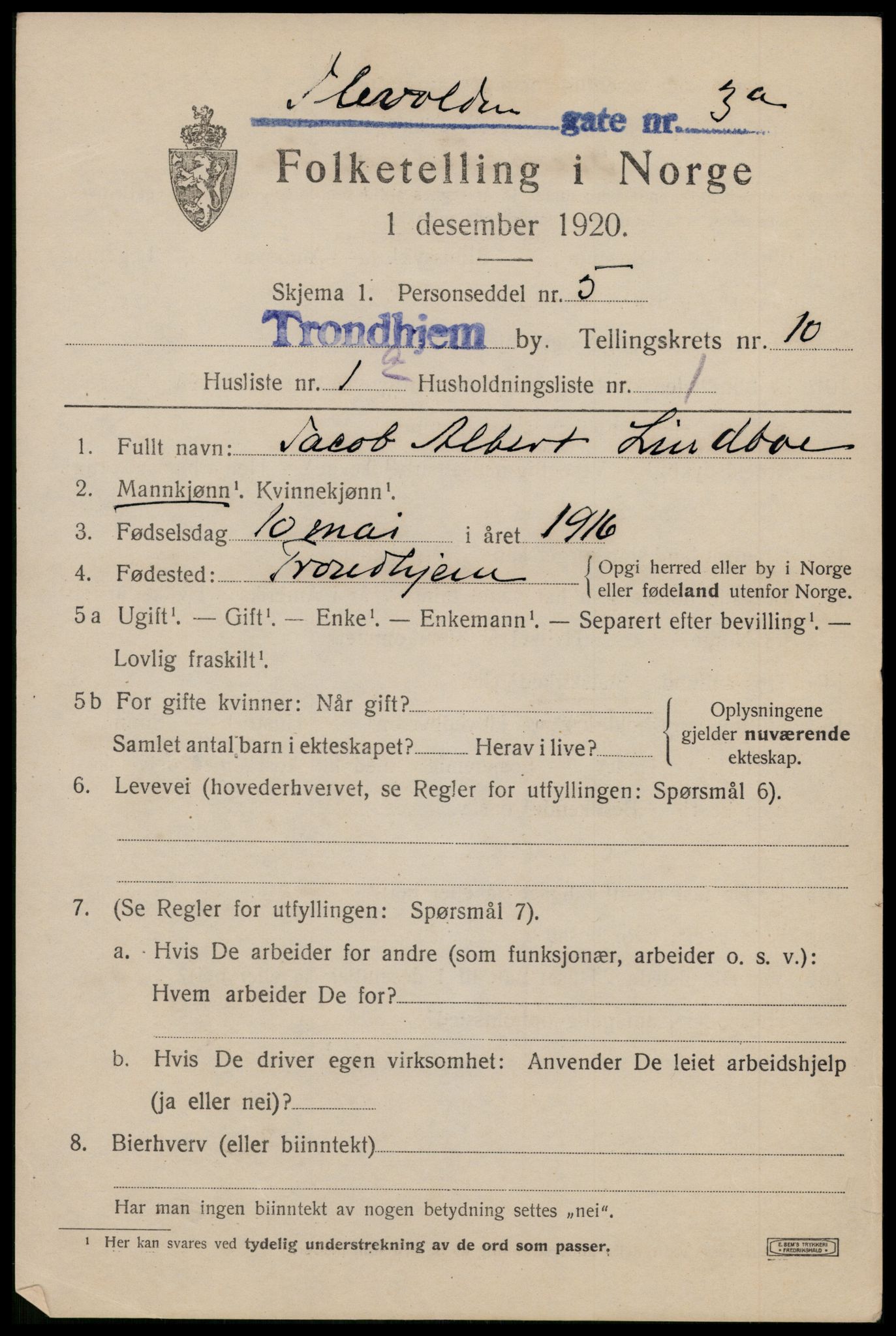 SAT, 1920 census for Trondheim, 1920, p. 44850