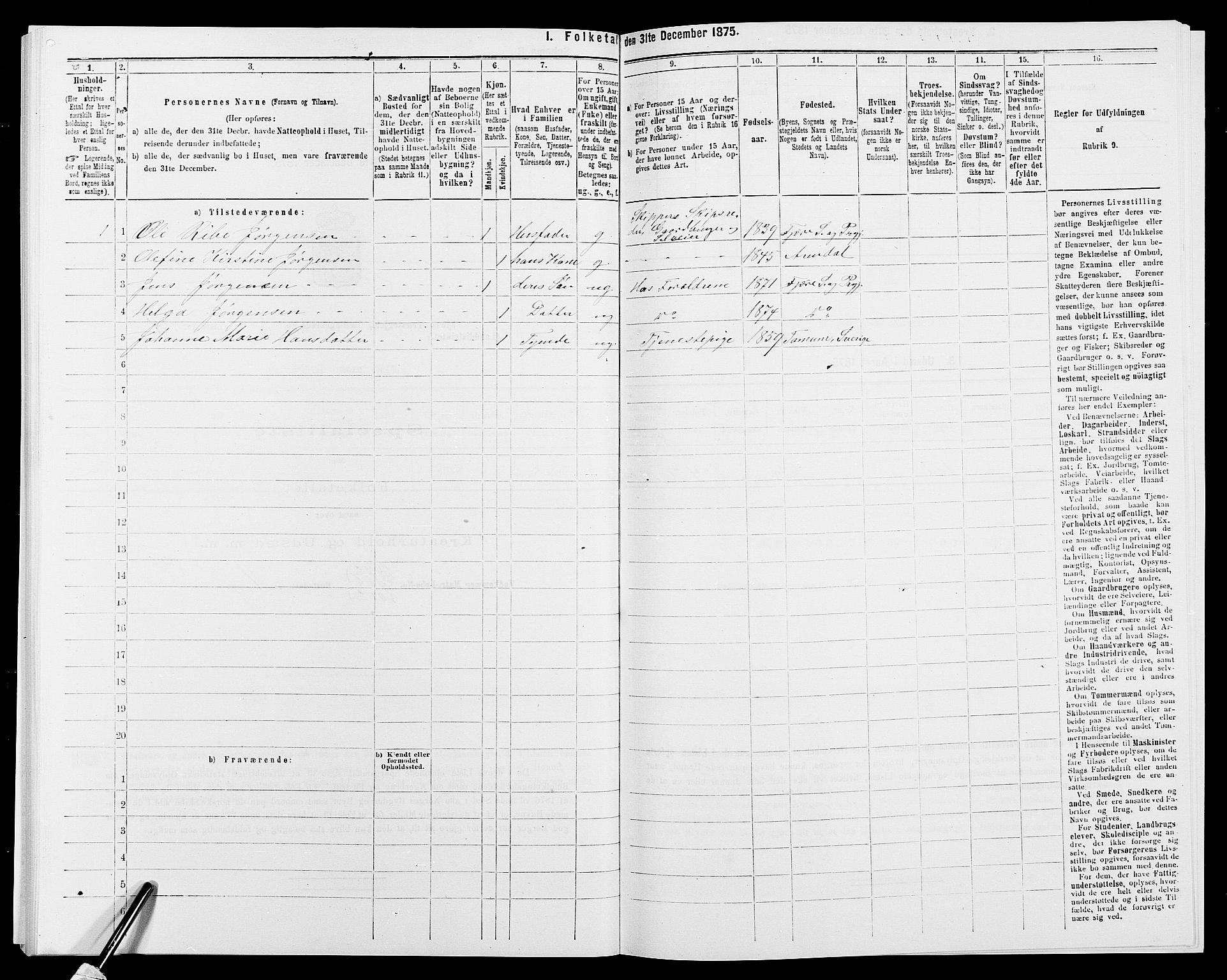 SAK, 1875 census for 0923L Fjære/Fjære, 1875, p. 1377