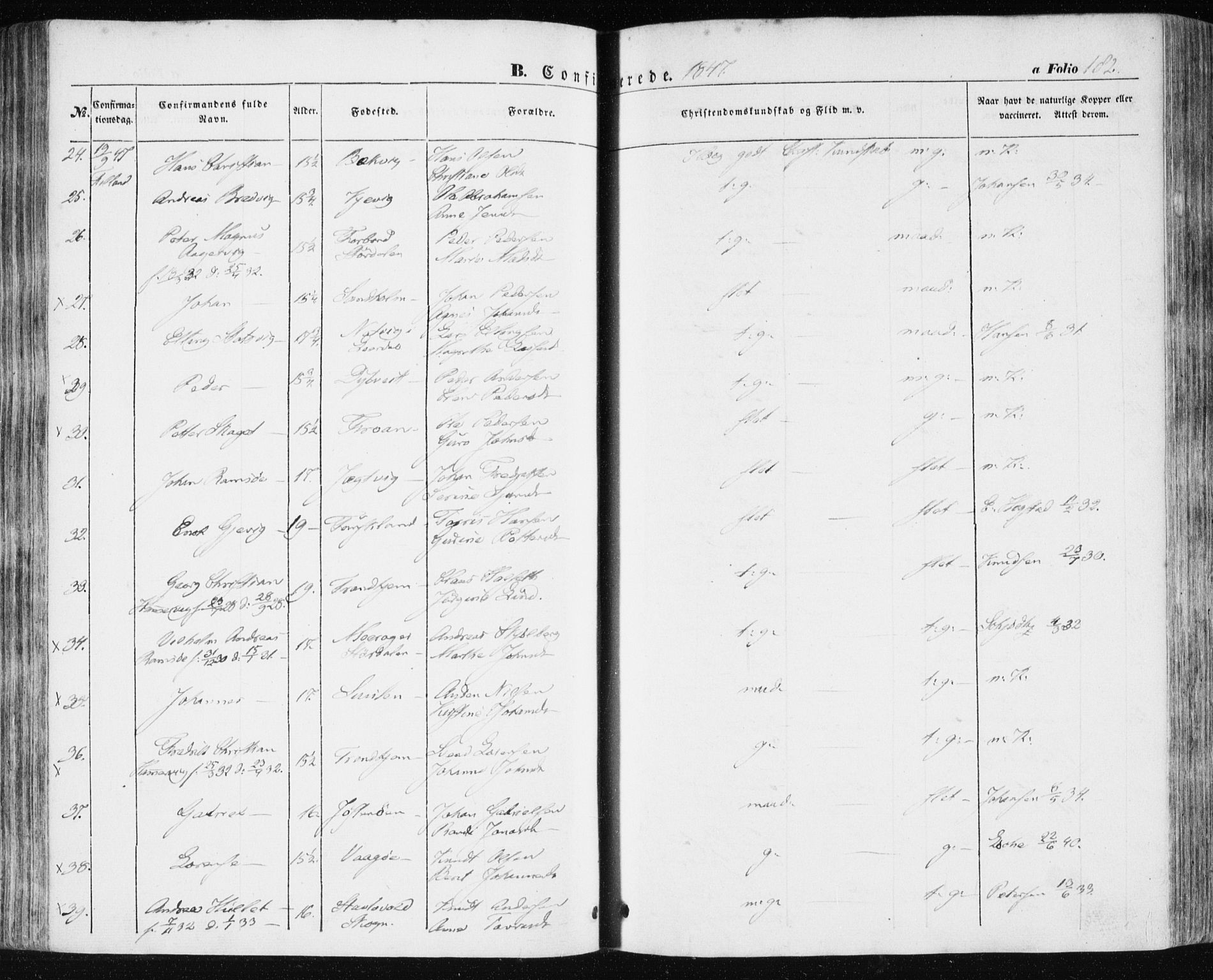 Ministerialprotokoller, klokkerbøker og fødselsregistre - Sør-Trøndelag, AV/SAT-A-1456/634/L0529: Parish register (official) no. 634A05, 1843-1851, p. 182