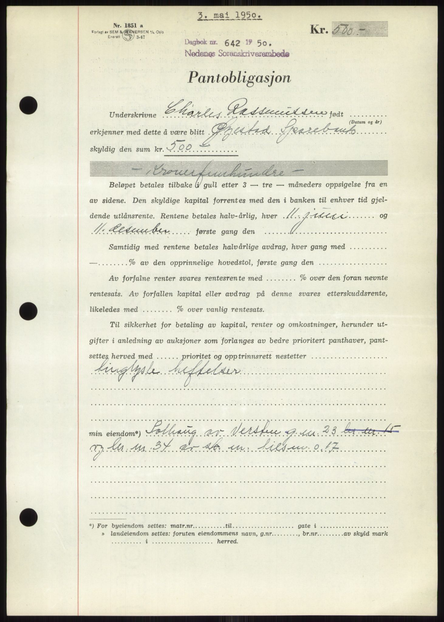 Nedenes sorenskriveri, AV/SAK-1221-0006/G/Gb/Gbb/L0007: Mortgage book no. B7, 1949-1950, Diary no: : 642/1950