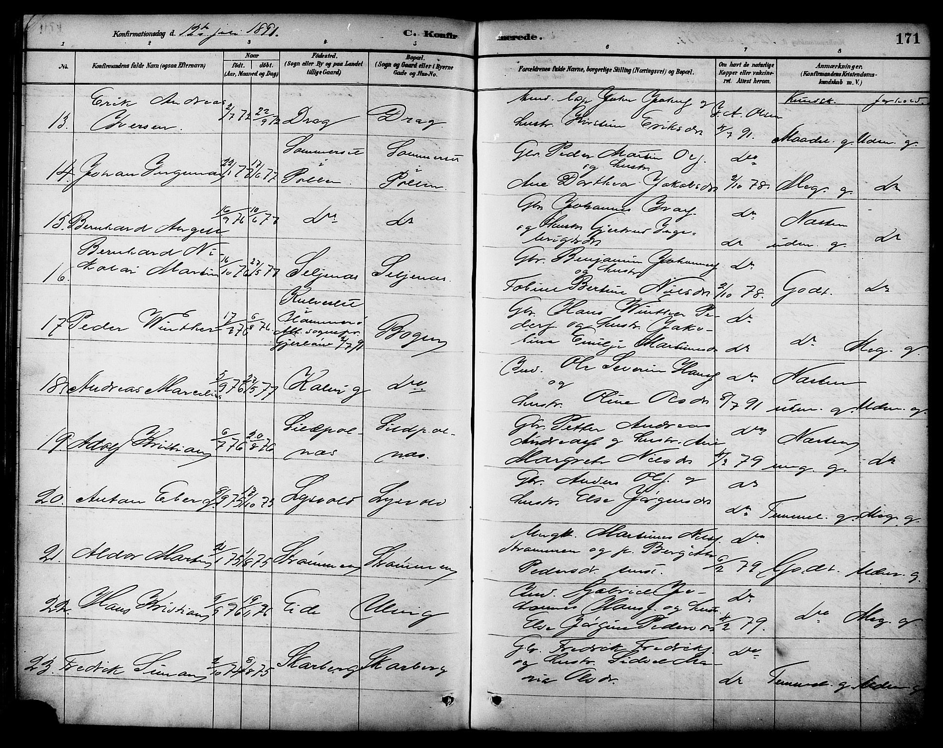 Ministerialprotokoller, klokkerbøker og fødselsregistre - Nordland, AV/SAT-A-1459/861/L0869: Parish register (official) no. 861A04, 1889-1903, p. 171