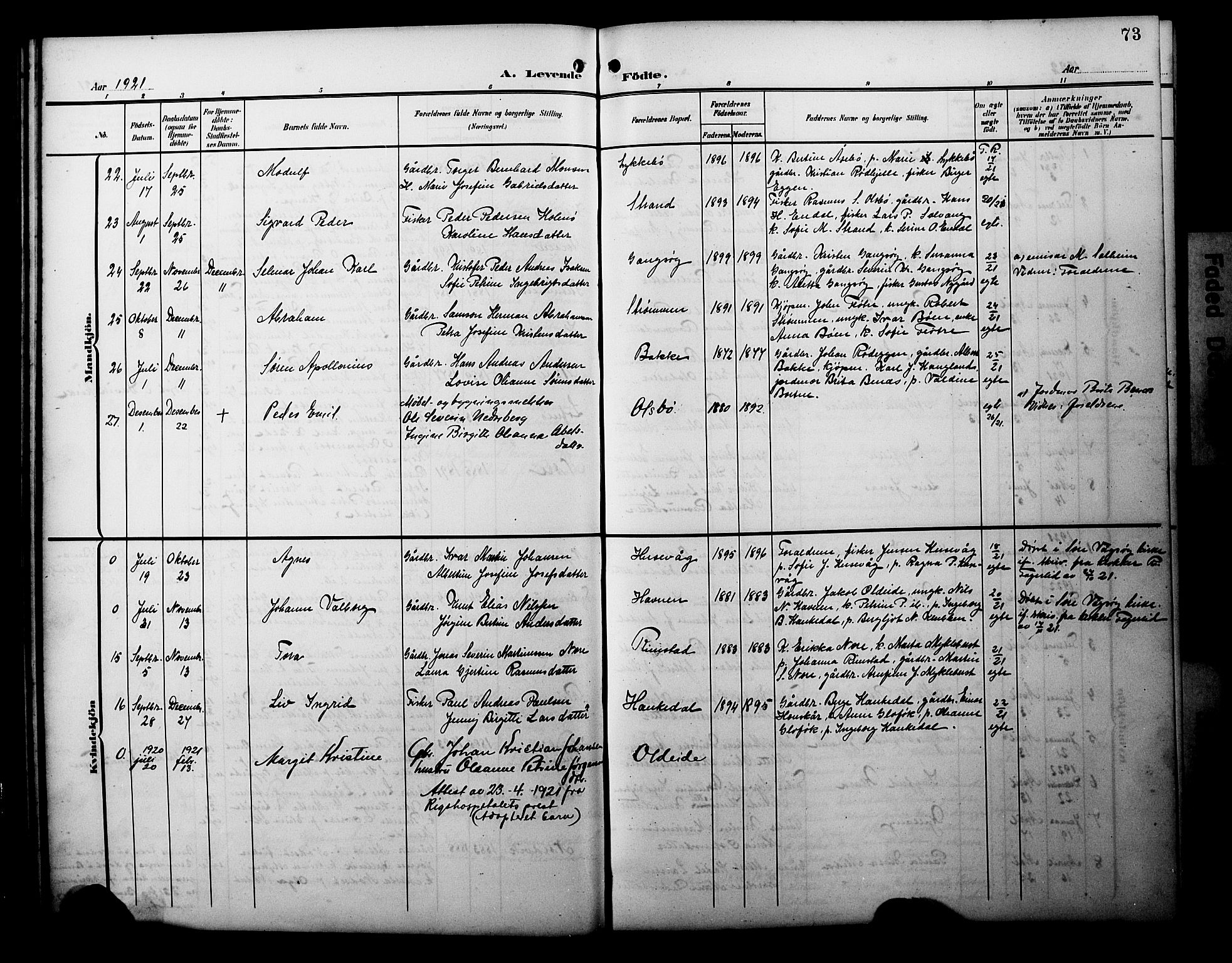 Davik sokneprestembete, AV/SAB-A-79701/H/Hab/Habc/L0003: Parish register (copy) no. C 3, 1907-1929, p. 73