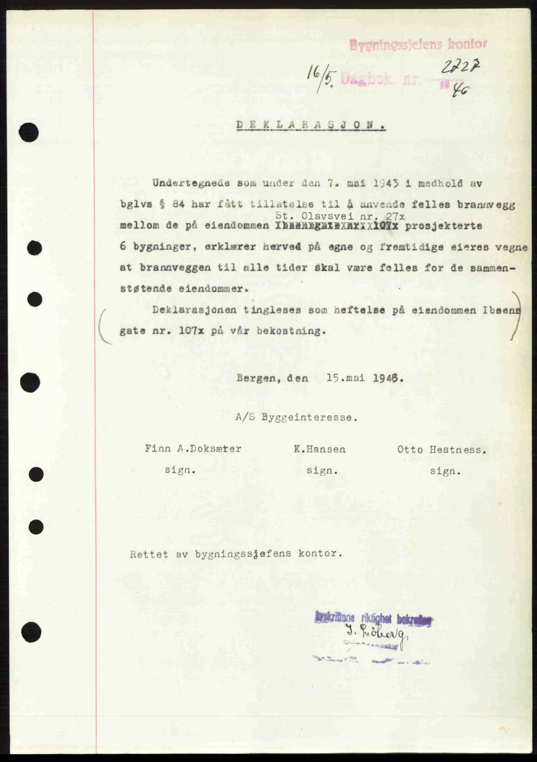 Byfogd og Byskriver i Bergen, SAB/A-3401/03/03Bc/L0022: Mortgage book no. A18, 1946-1946, Diary no: : 2727/1946