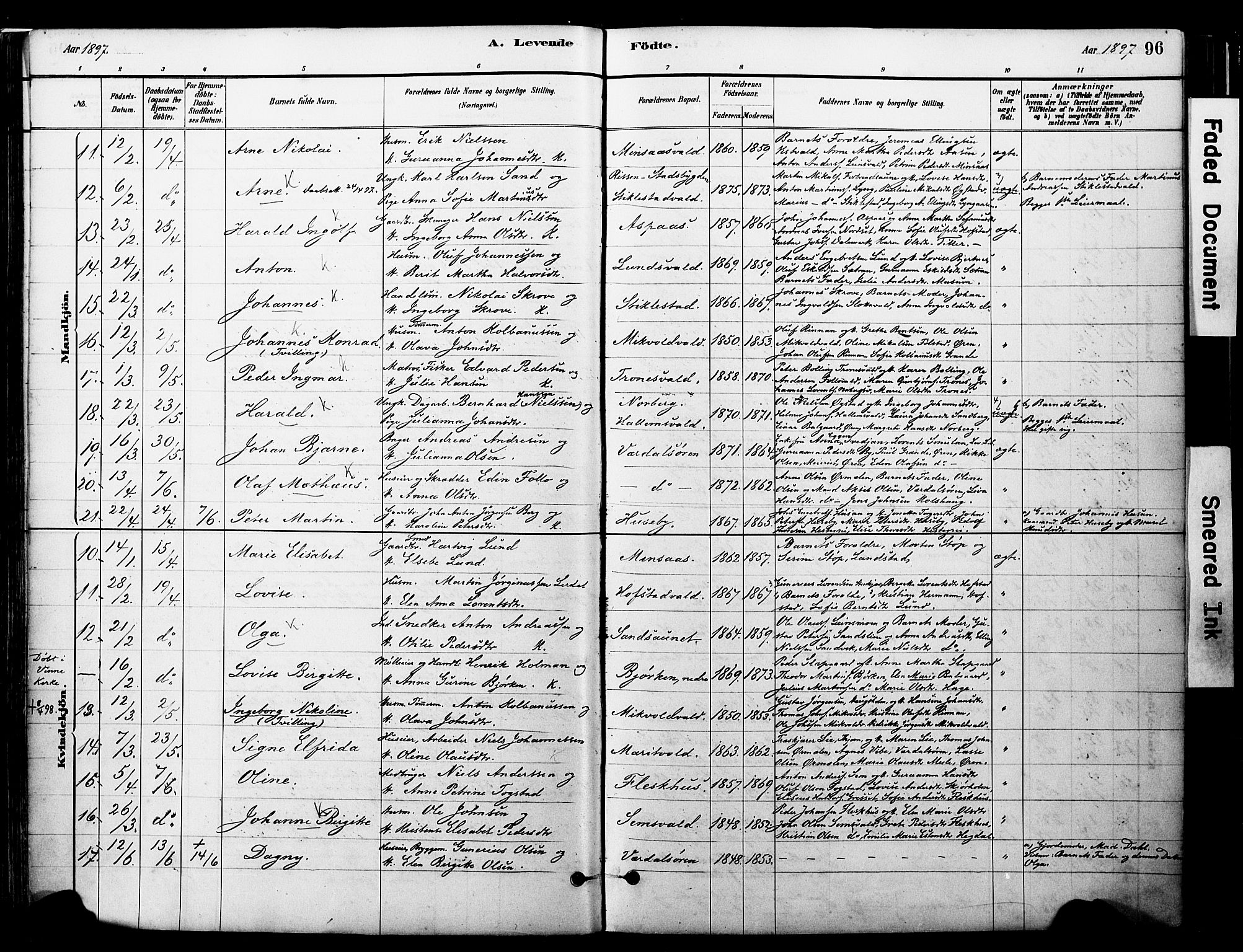 Ministerialprotokoller, klokkerbøker og fødselsregistre - Nord-Trøndelag, SAT/A-1458/723/L0244: Parish register (official) no. 723A13, 1881-1899, p. 96
