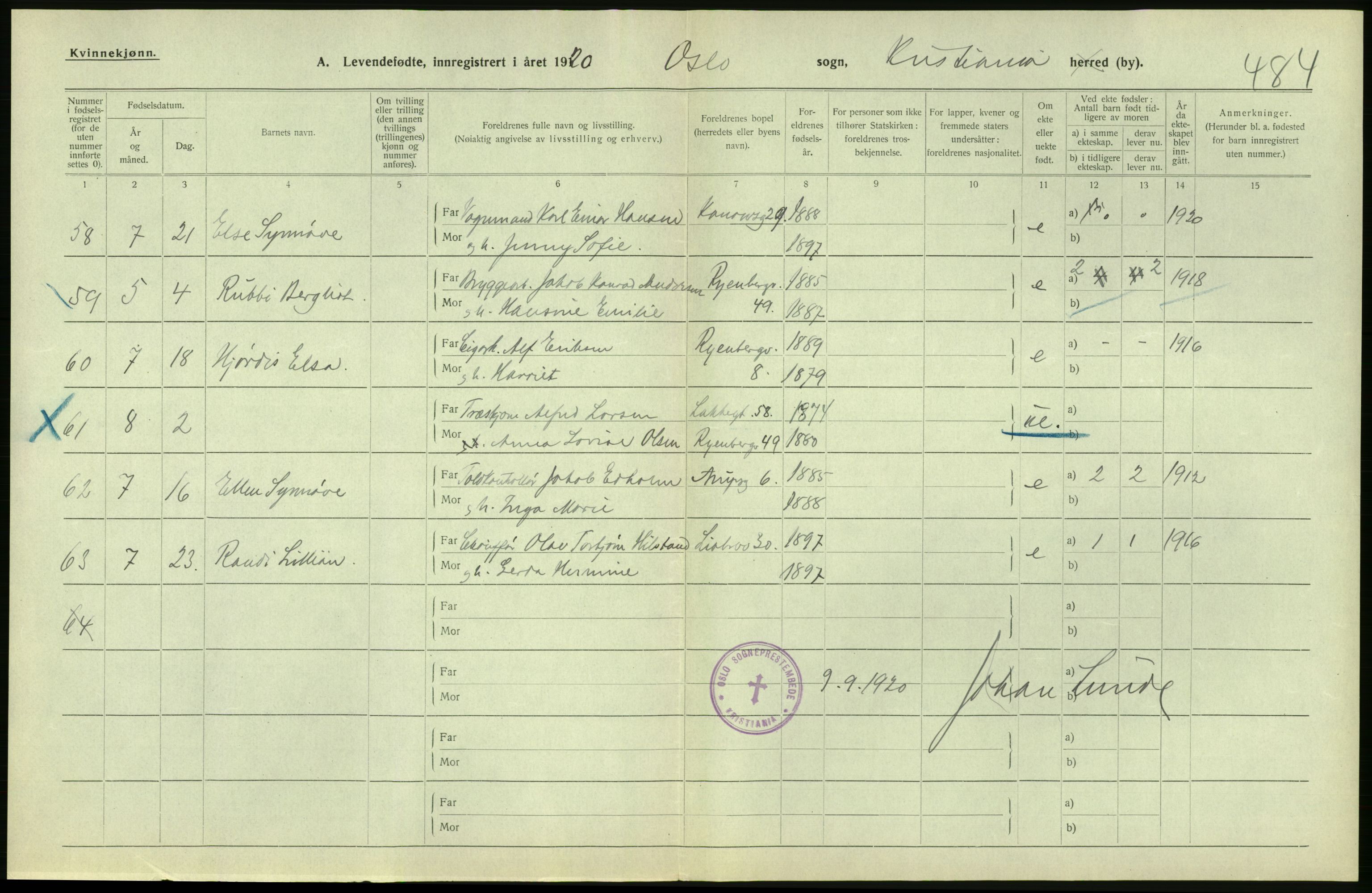 Statistisk sentralbyrå, Sosiodemografiske emner, Befolkning, AV/RA-S-2228/D/Df/Dfb/Dfbj/L0008: Kristiania: Levendefødte menn og kvinner., 1920, p. 44