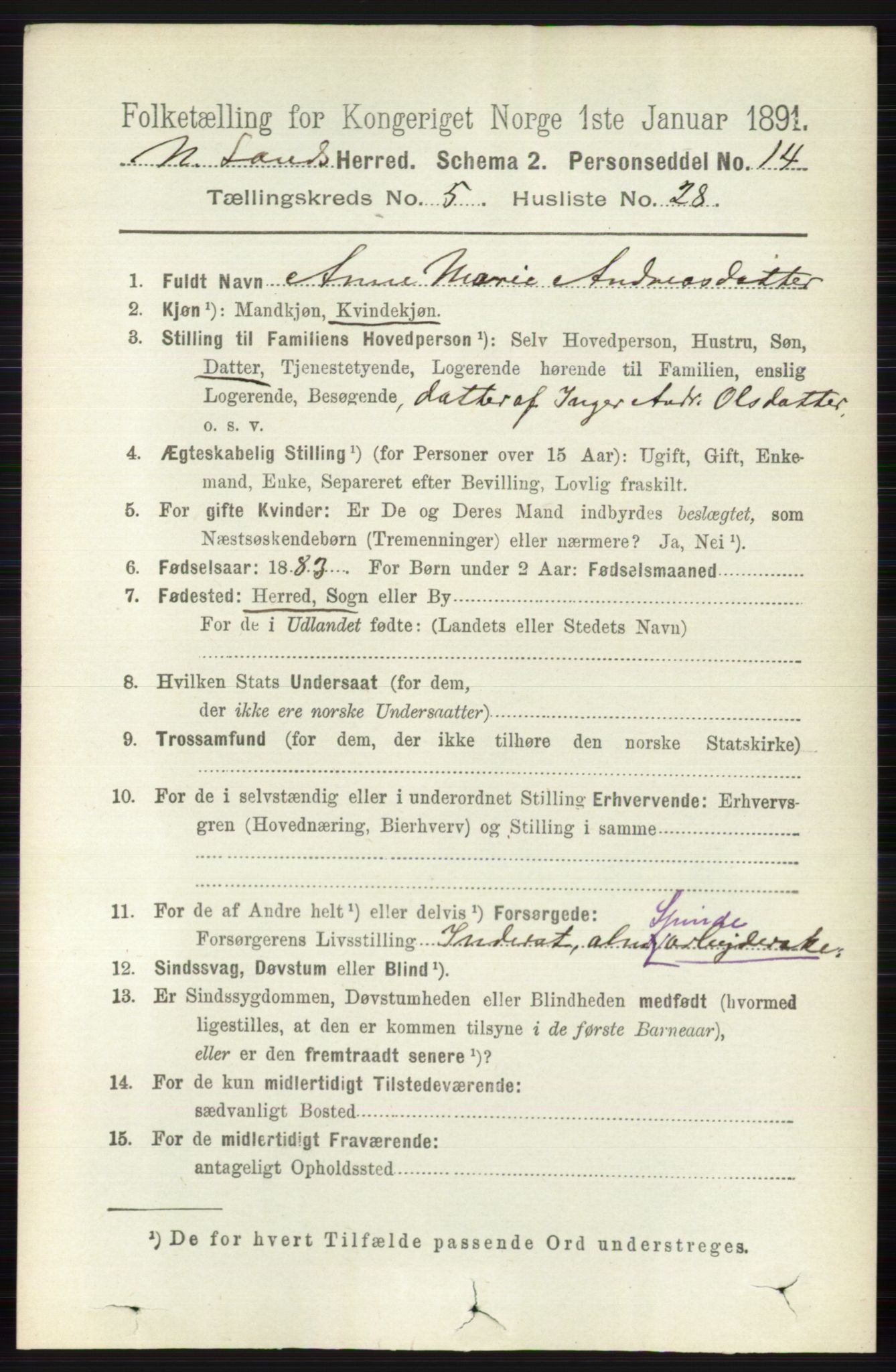 RA, 1891 census for 0538 Nordre Land, 1891, p. 1720