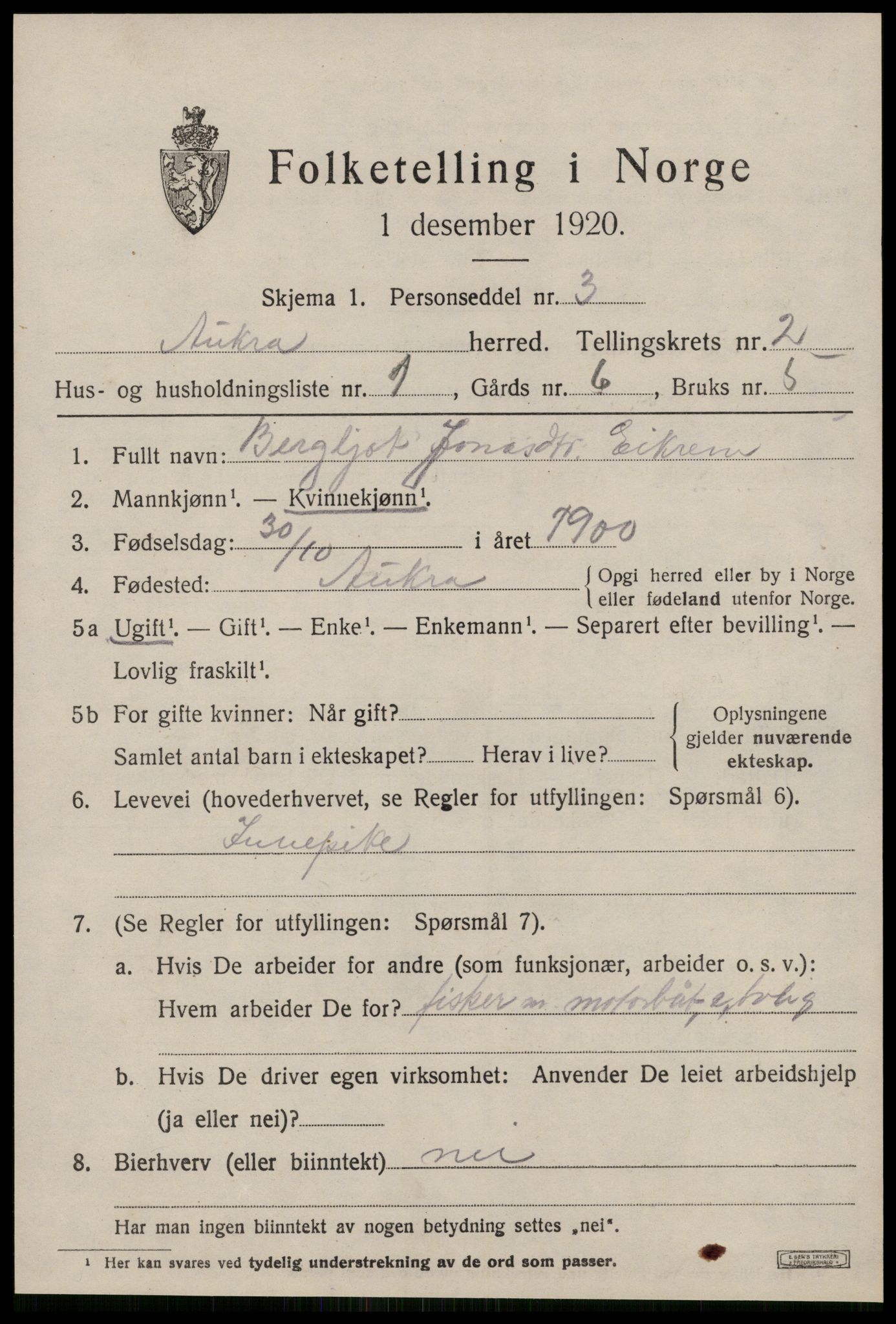 SAT, 1920 census for Aukra, 1920, p. 1615