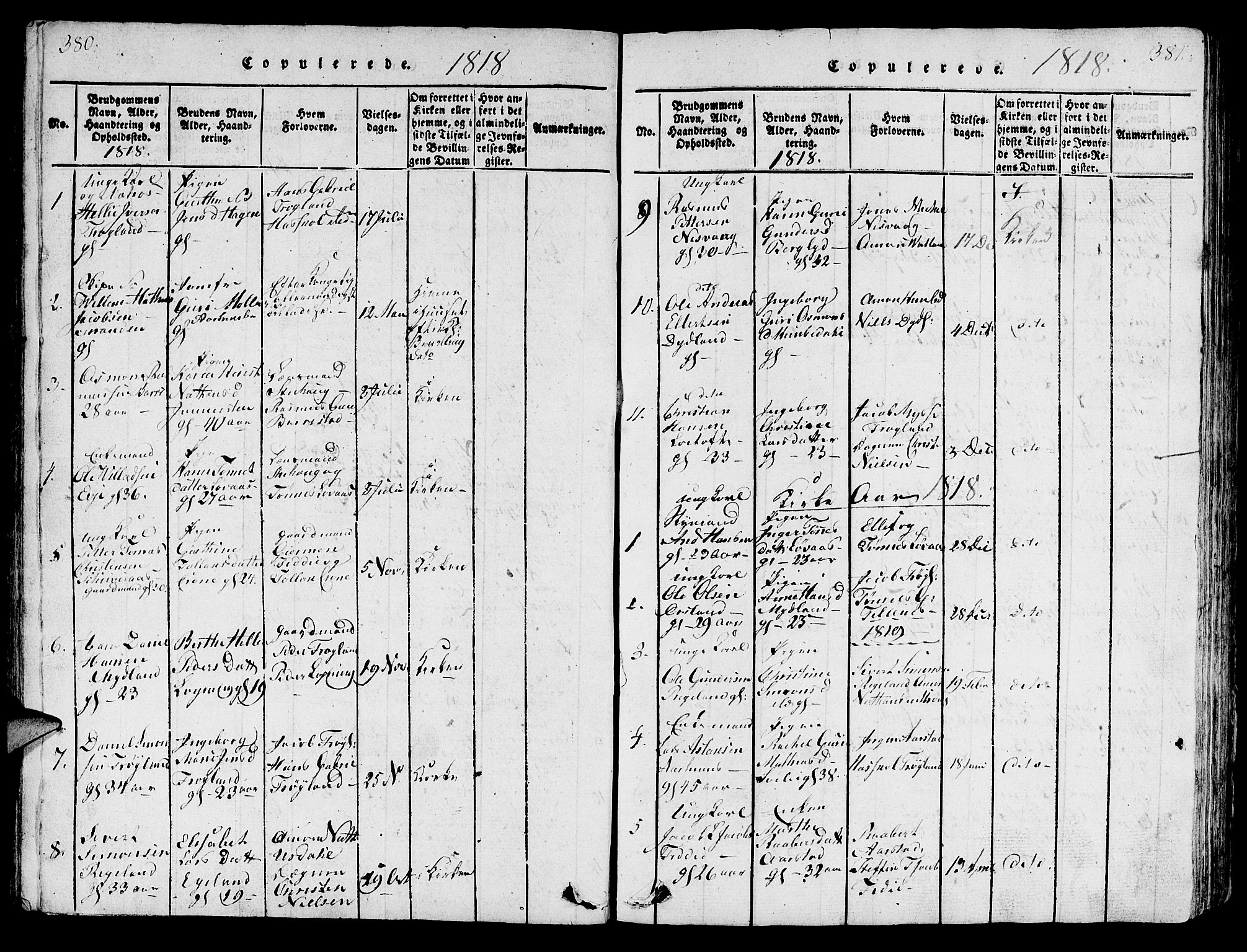 Sokndal sokneprestkontor, AV/SAST-A-101808: Parish register (copy) no. B 1, 1815-1848, p. 380-381