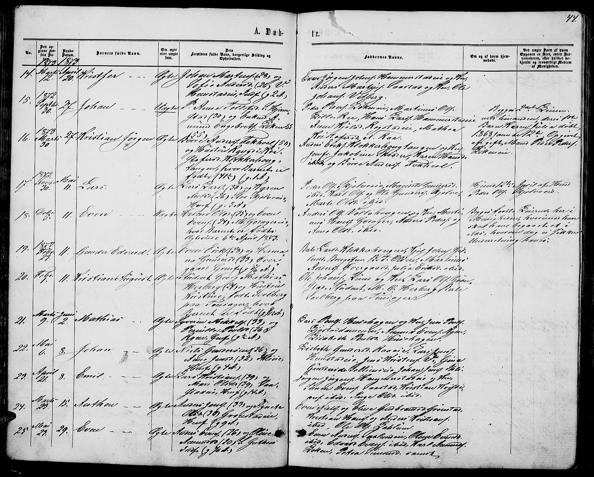 Stange prestekontor, AV/SAH-PREST-002/L/L0006: Parish register (copy) no. 6, 1864-1882, p. 44