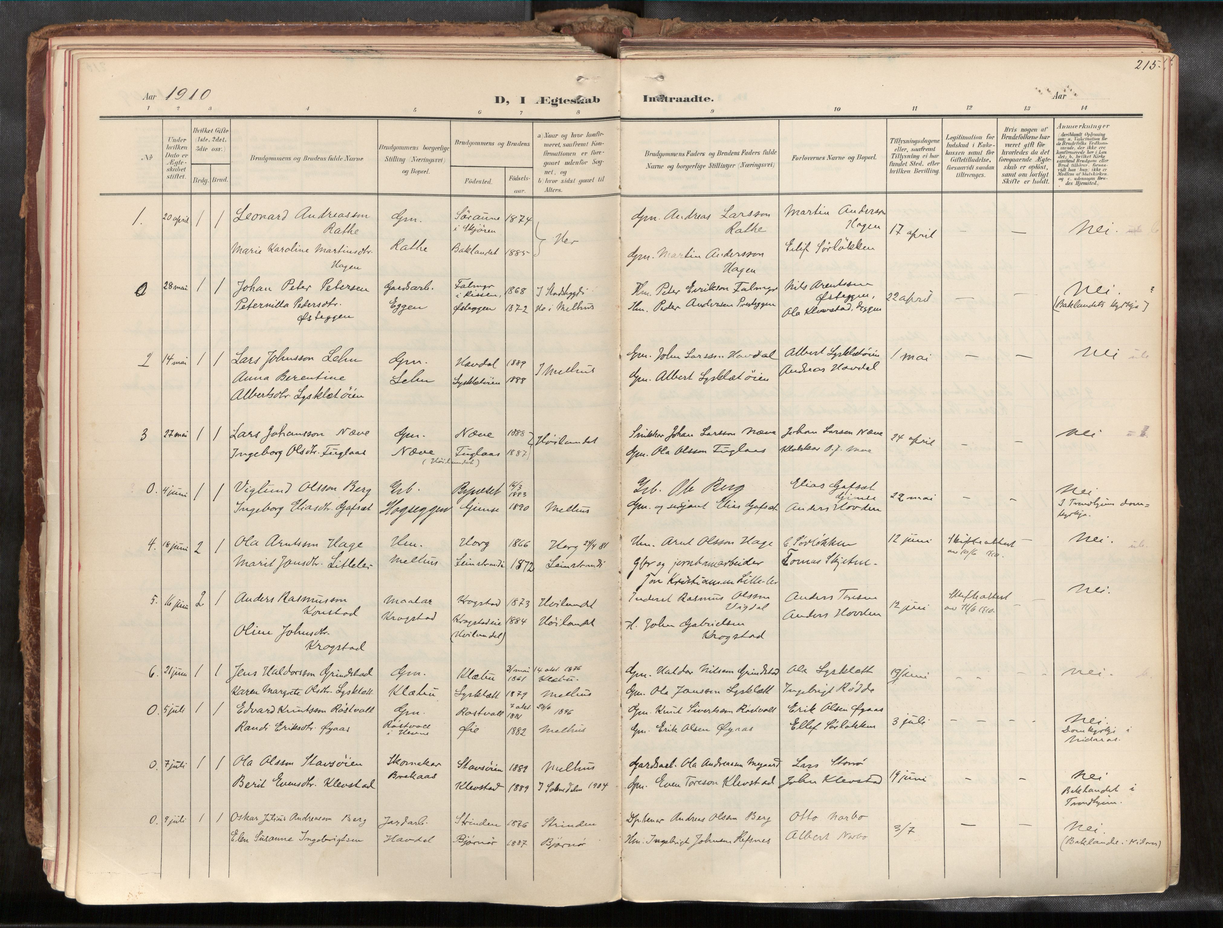 Ministerialprotokoller, klokkerbøker og fødselsregistre - Sør-Trøndelag, SAT/A-1456/691/L1085b: Parish register (official) no. 691A18, 1908-1930, p. 215
