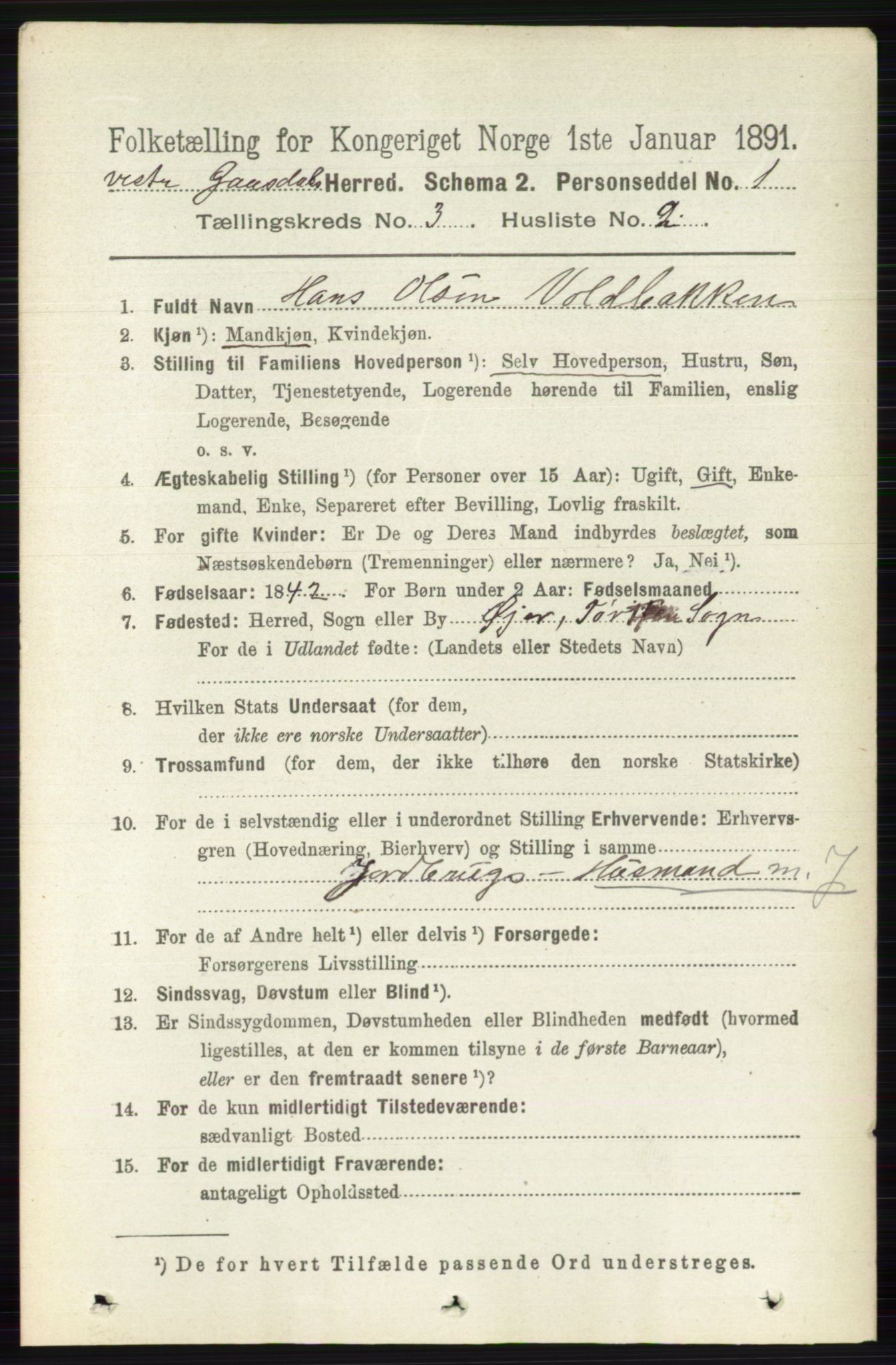 RA, 1891 census for 0523 Vestre Gausdal, 1891, p. 1256