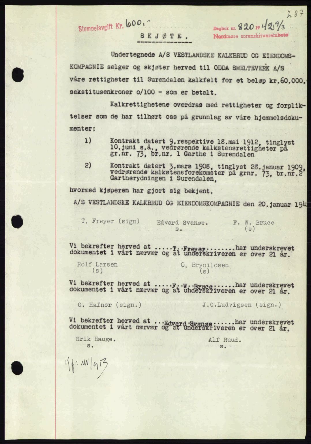 Nordmøre sorenskriveri, AV/SAT-A-4132/1/2/2Ca: Mortgage book no. A92, 1942-1942, Diary no: : 820/1942