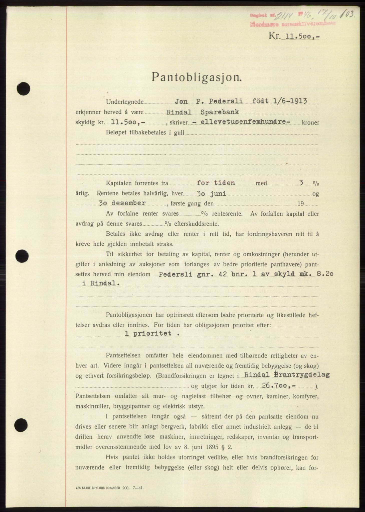 Nordmøre sorenskriveri, AV/SAT-A-4132/1/2/2Ca: Mortgage book no. B95, 1946-1947, Diary no: : 2114/1946