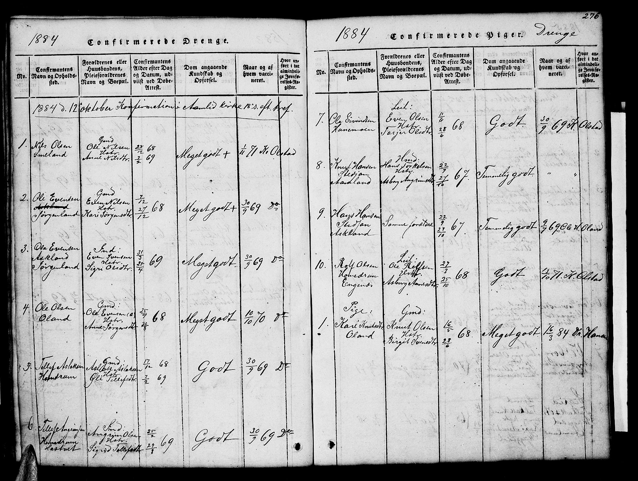 Åmli sokneprestkontor, SAK/1111-0050/F/Fb/Fba/L0001: Parish register (copy) no. B 1, 1816-1890, p. 276