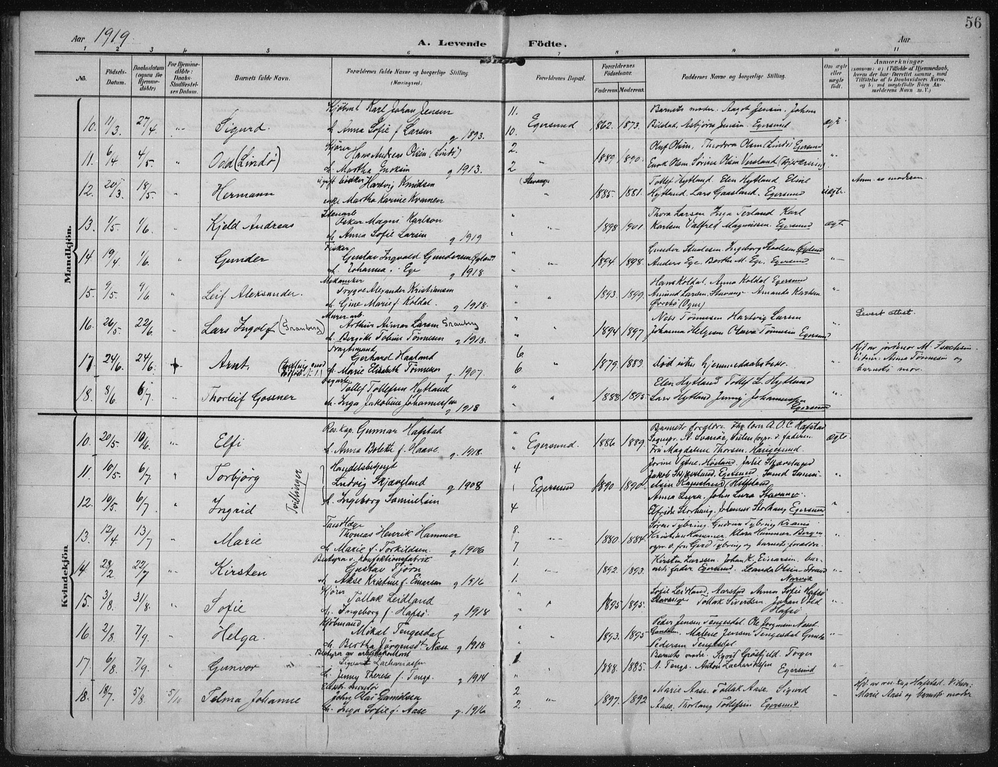 Eigersund sokneprestkontor, AV/SAST-A-101807/S08/L0022: Parish register (official) no. A 21, 1905-1928, p. 56