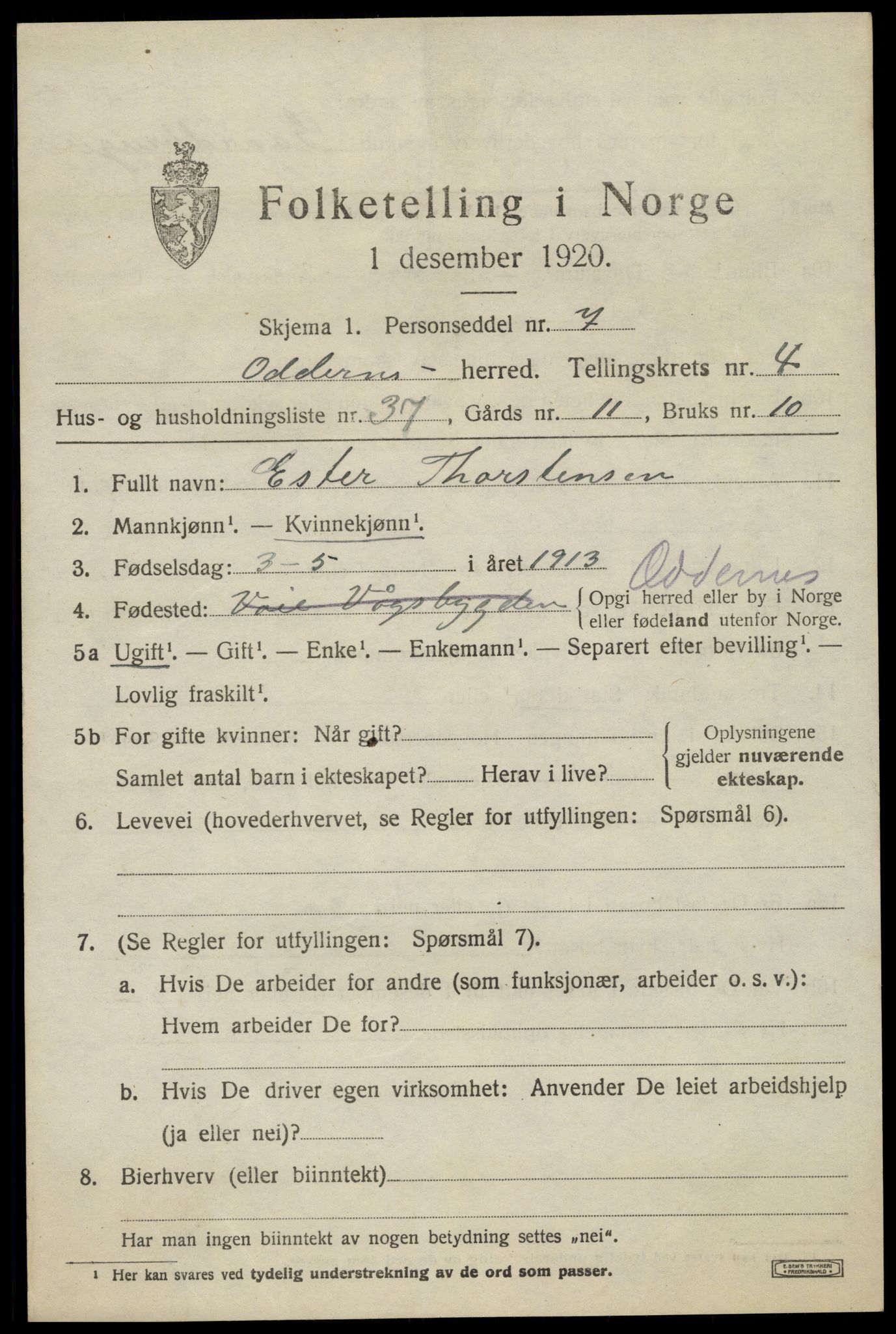 SAK, 1920 census for Oddernes, 1920, p. 4403