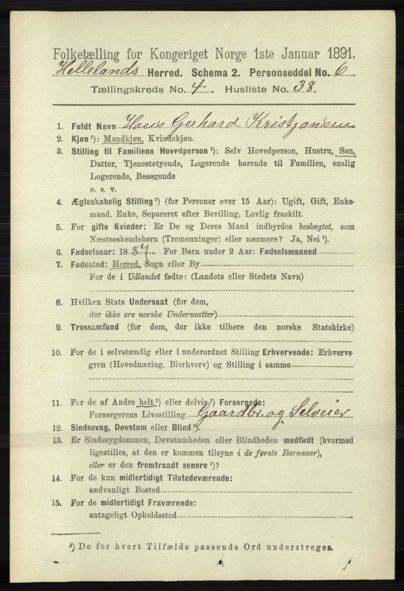 RA, 1891 census for 1115 Helleland, 1891, p. 1406
