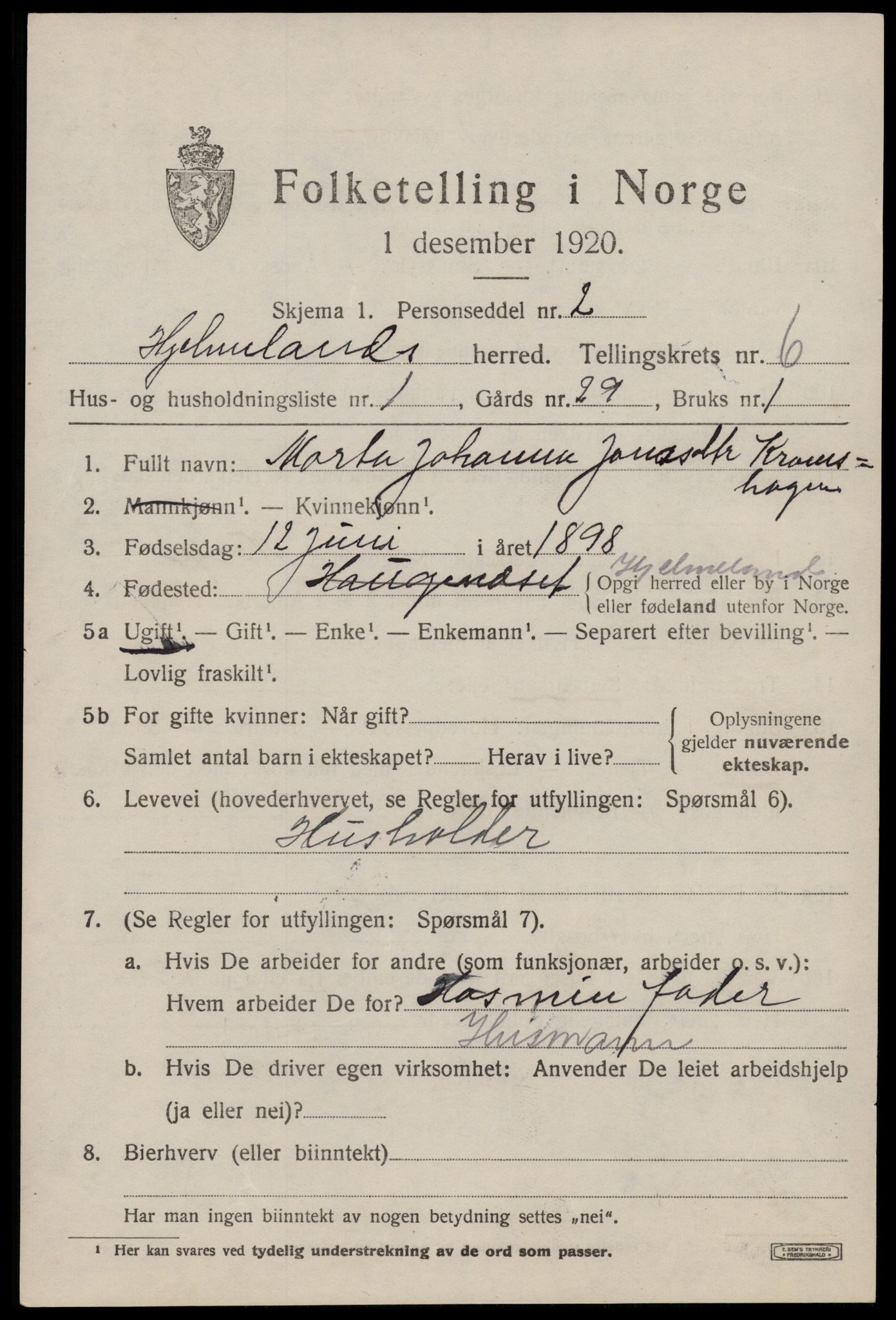 SAST, 1920 census for Hjelmeland, 1920, p. 2043