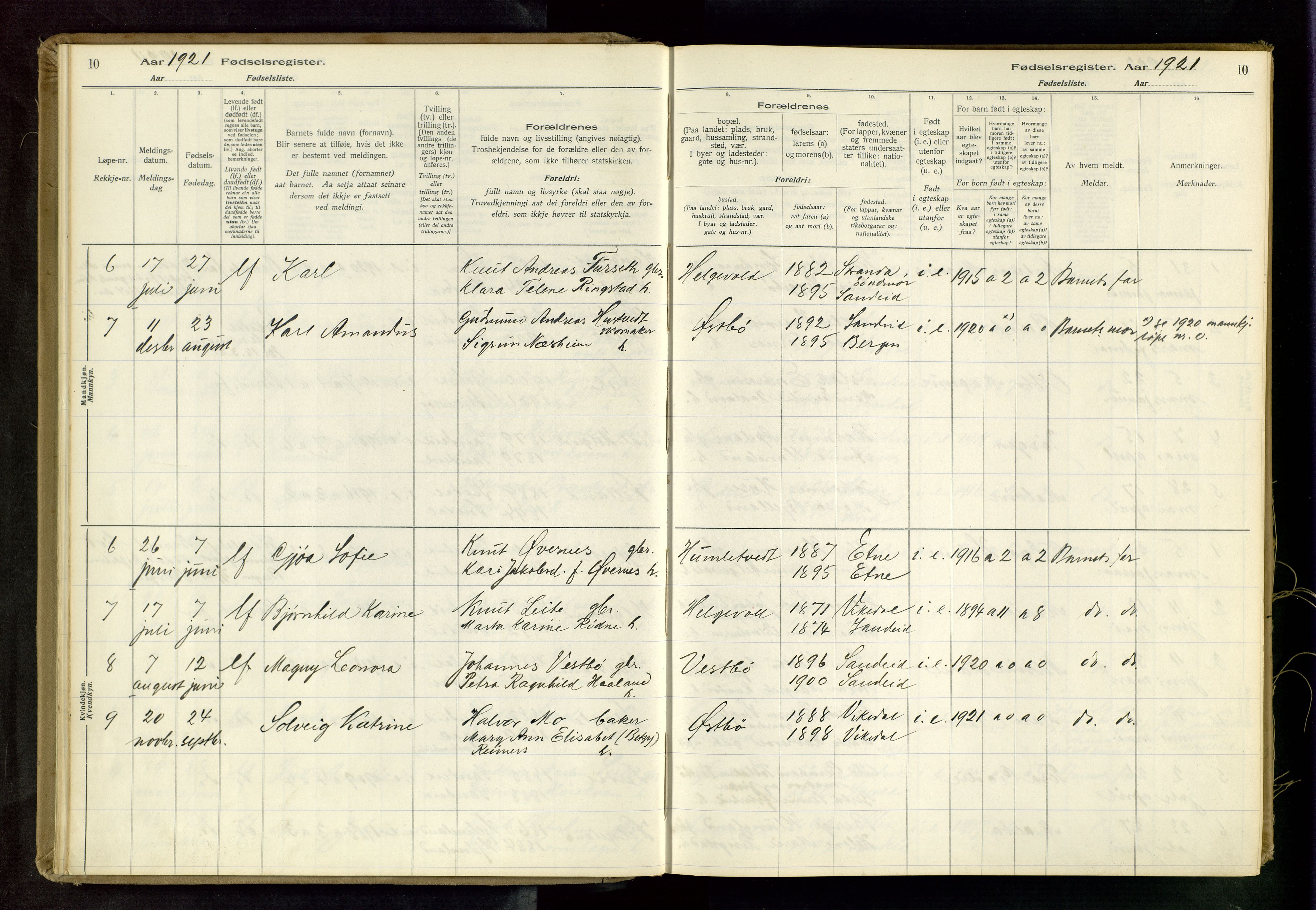 Vikedal sokneprestkontor, AV/SAST-A-101840/01/II: Birth register no. 4, 1916-1982, p. 10