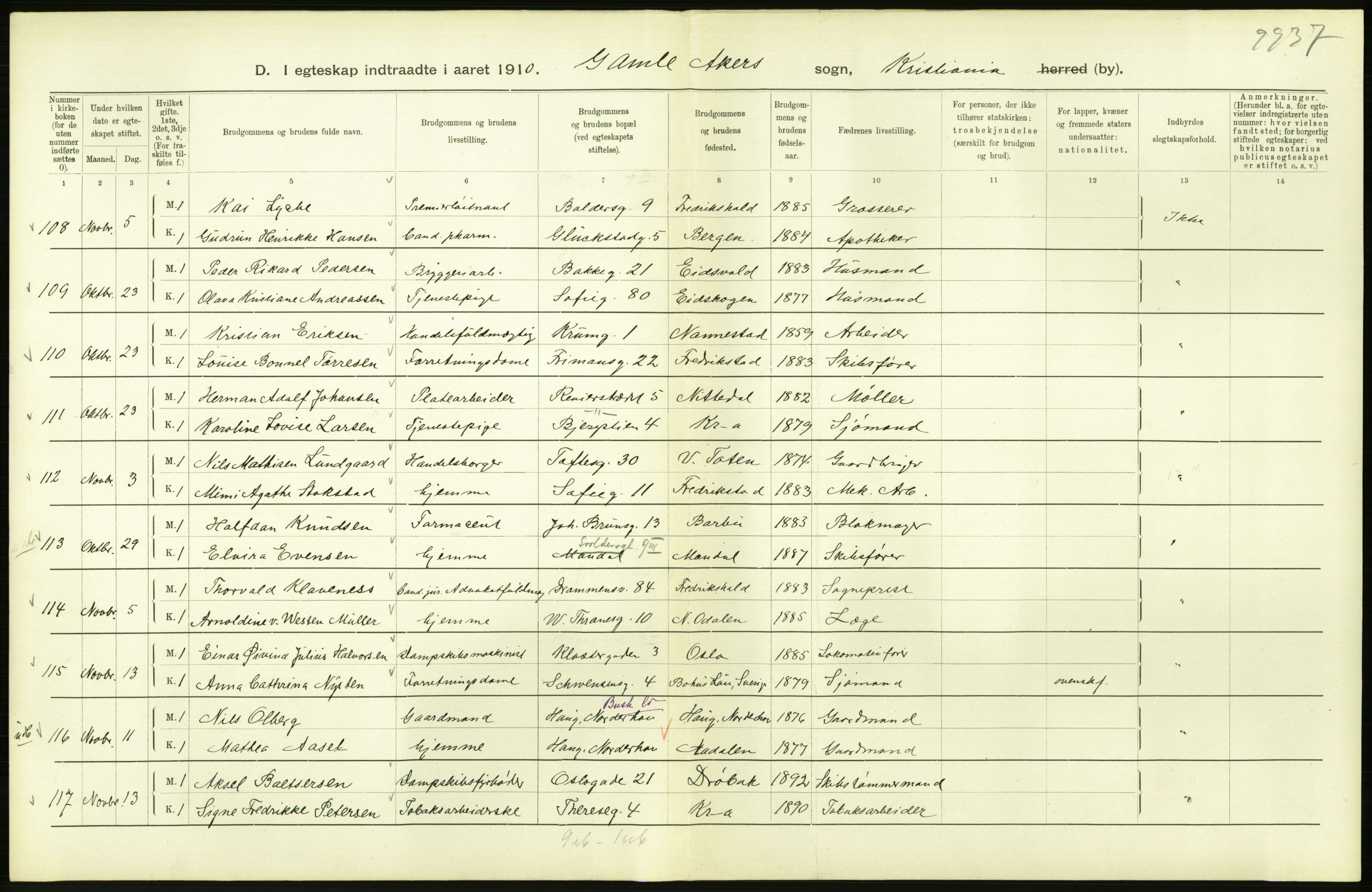 Statistisk sentralbyrå, Sosiodemografiske emner, Befolkning, AV/RA-S-2228/D/Df/Dfa/Dfah/L0009: Kristiania: Gifte og dødfødte., 1910, p. 434