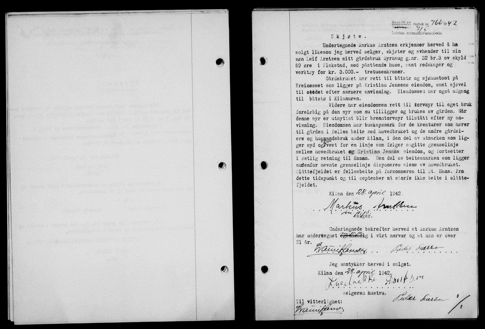 Lofoten sorenskriveri, SAT/A-0017/1/2/2C/L0009a: Mortgage book no. 9a, 1941-1942, Diary no: : 766/1942