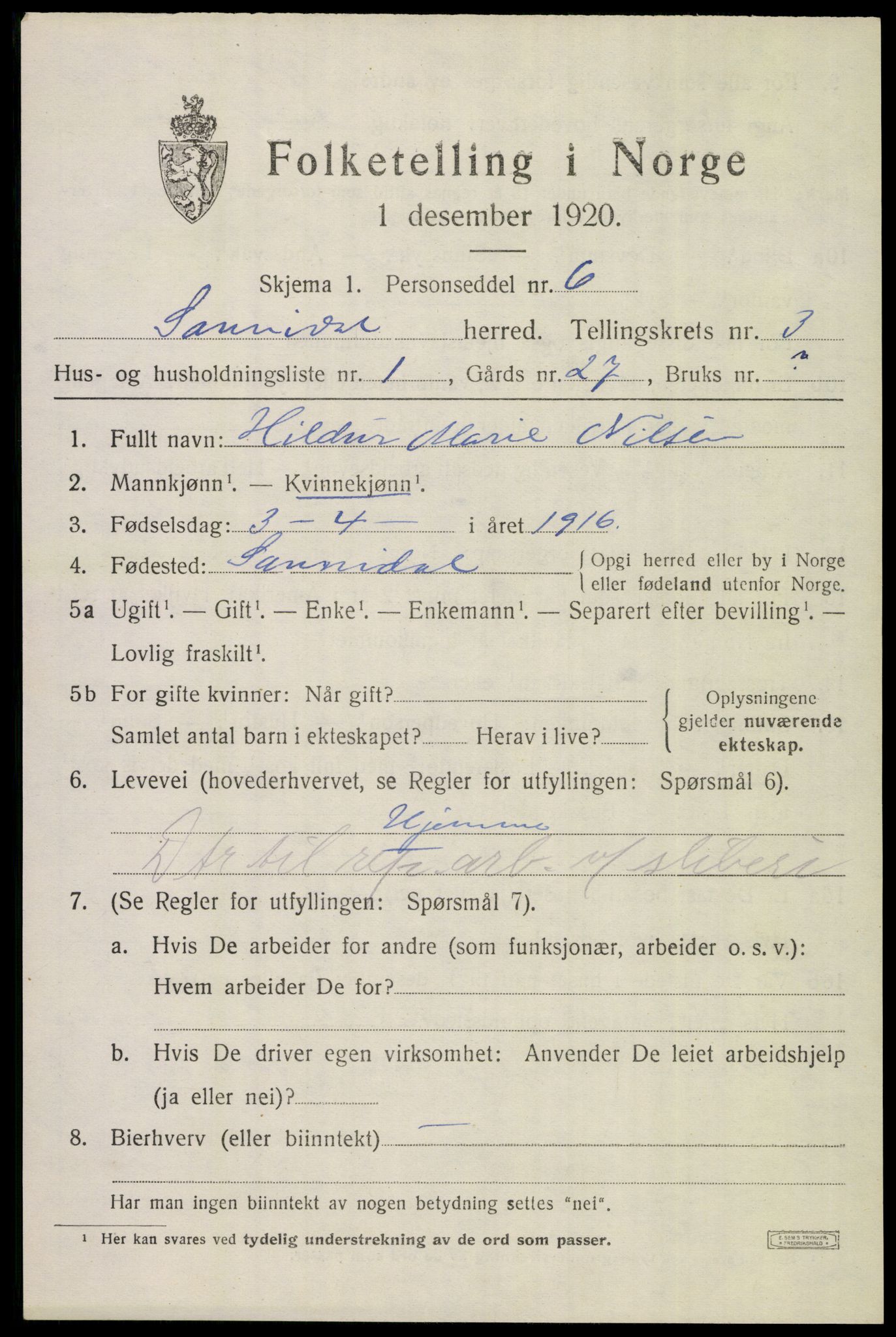 SAKO, 1920 census for Sannidal, 1920, p. 2179