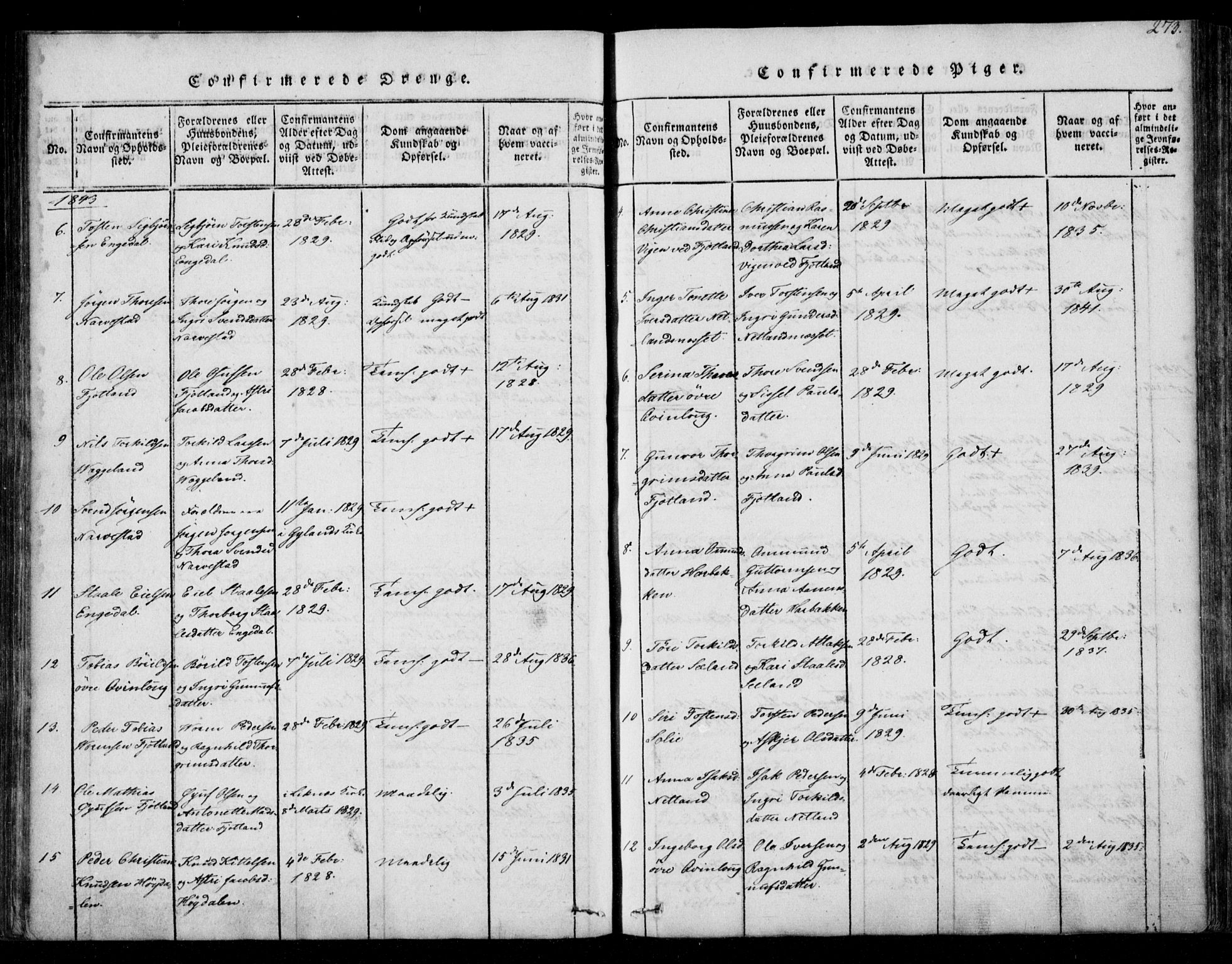 Fjotland sokneprestkontor, AV/SAK-1111-0010/F/Fb/L0001: Parish register (copy) no. B 1, 1816-1849, p. 273