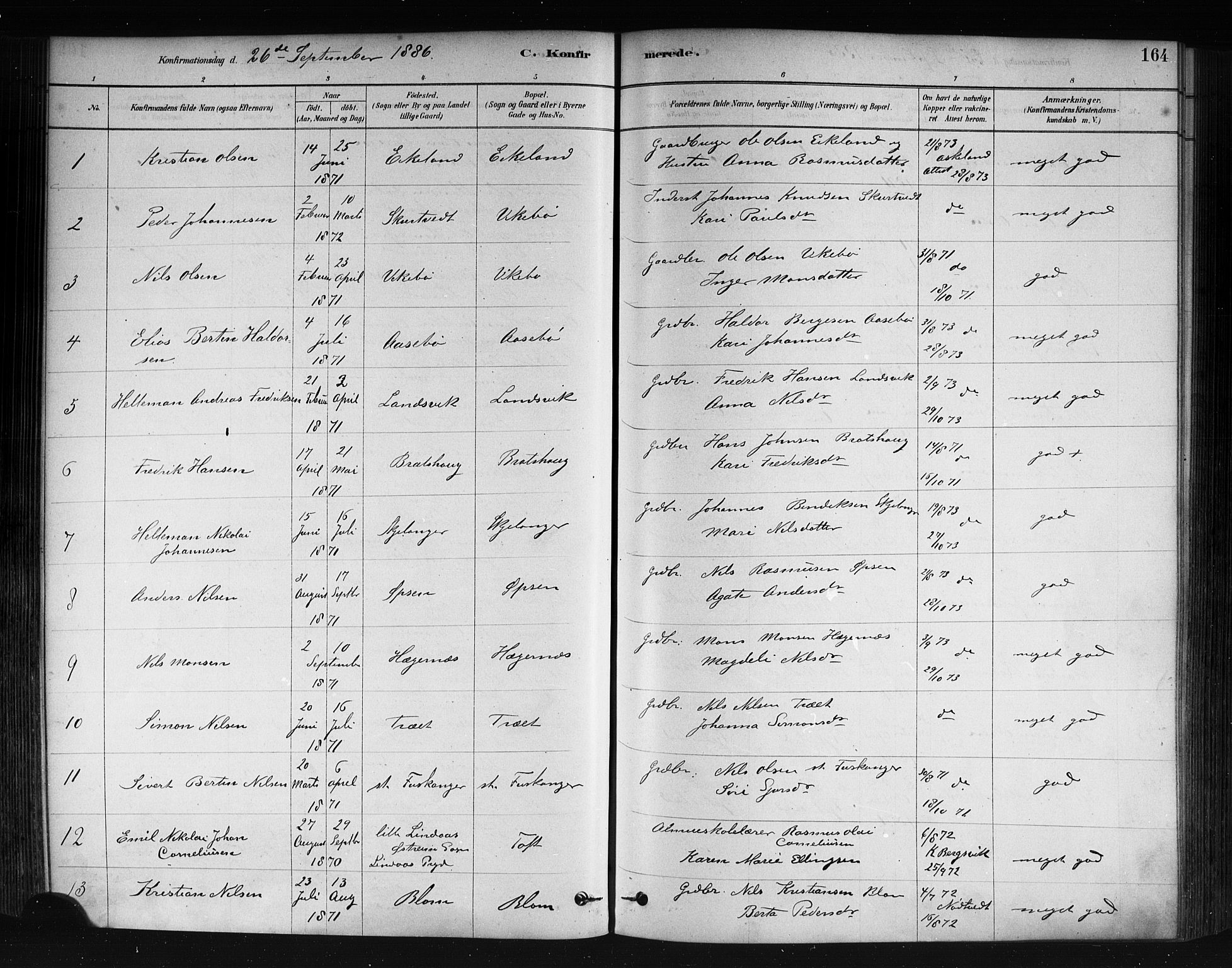 Herdla Sokneprestembete, AV/SAB-A-75701/H/Haa: Parish register (official) no. A 3, 1878-1890, p. 164