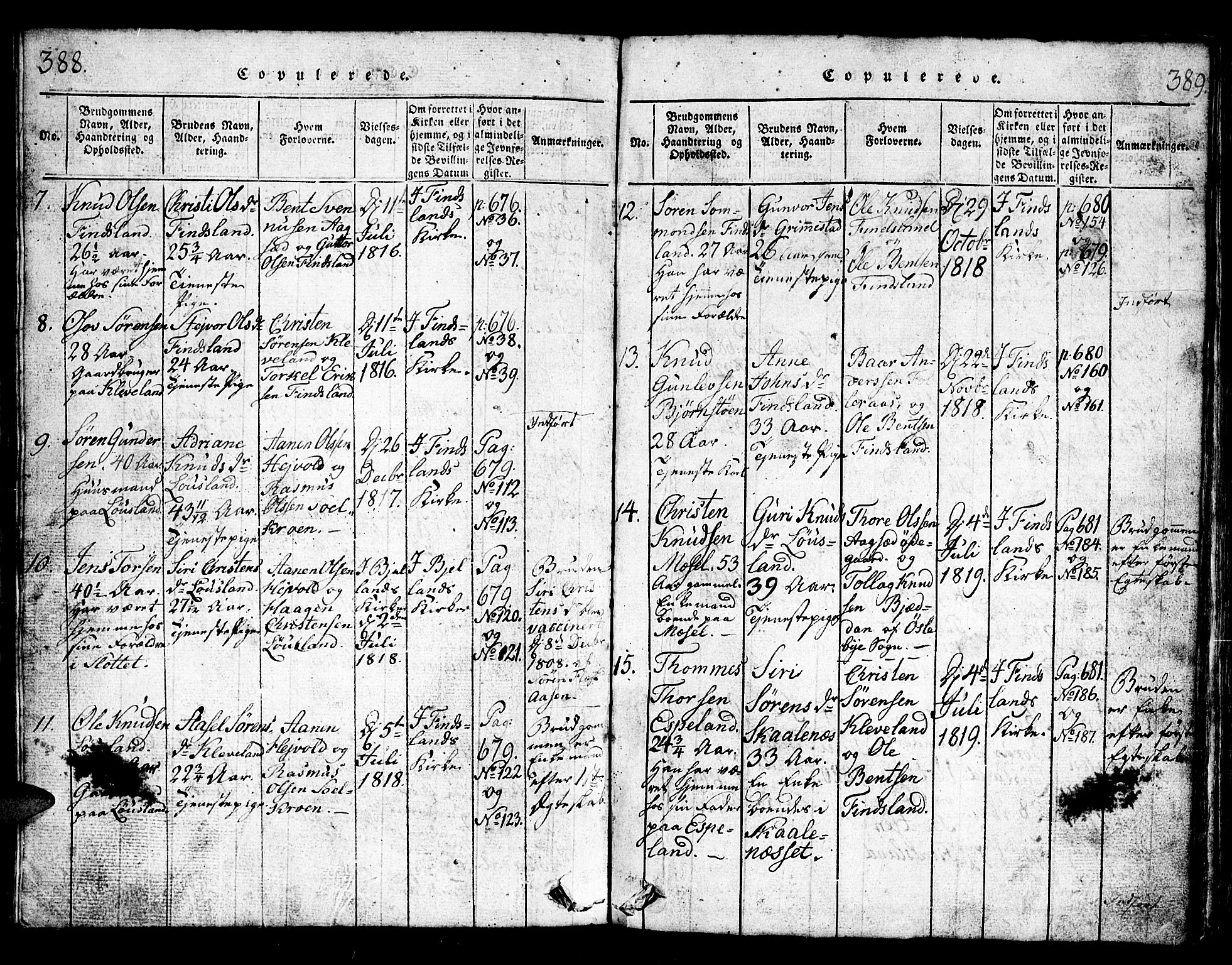 Bjelland sokneprestkontor, SAK/1111-0005/F/Fb/Fbb/L0003: Parish register (copy) no. B 3, 1816-1868, p. 388-389