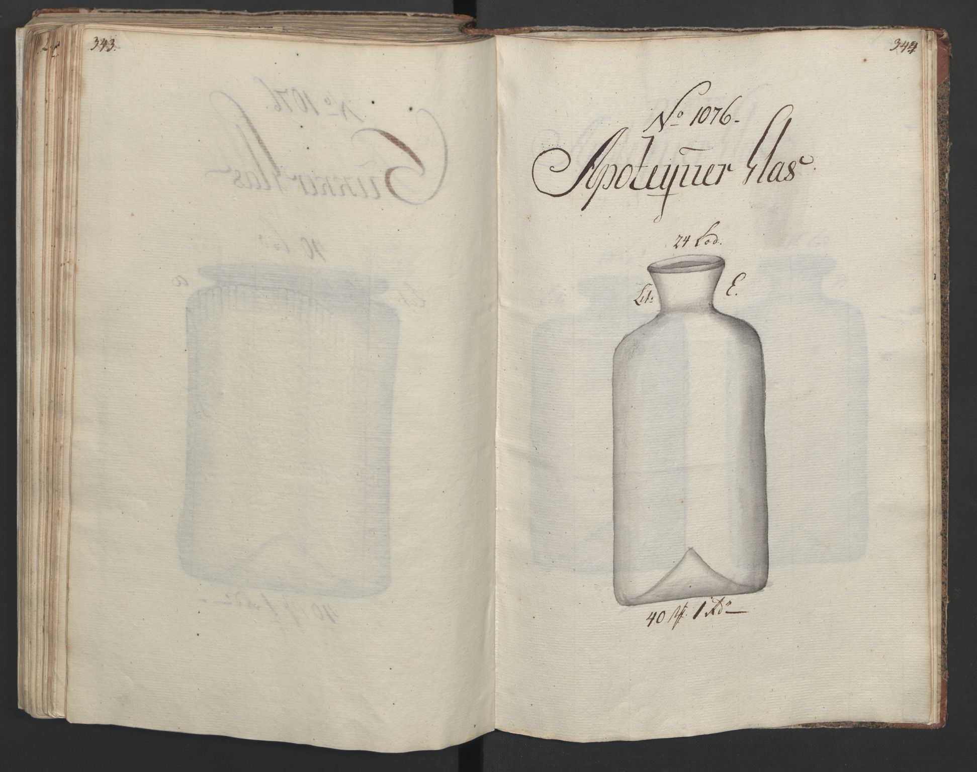 Glassverk, samlinger, AV/RA-PA-0001/F/Fa/L0036: Modellbok for Nøstetangens og Aas' produkter med prisangivelse,, 1763, p. 343-344