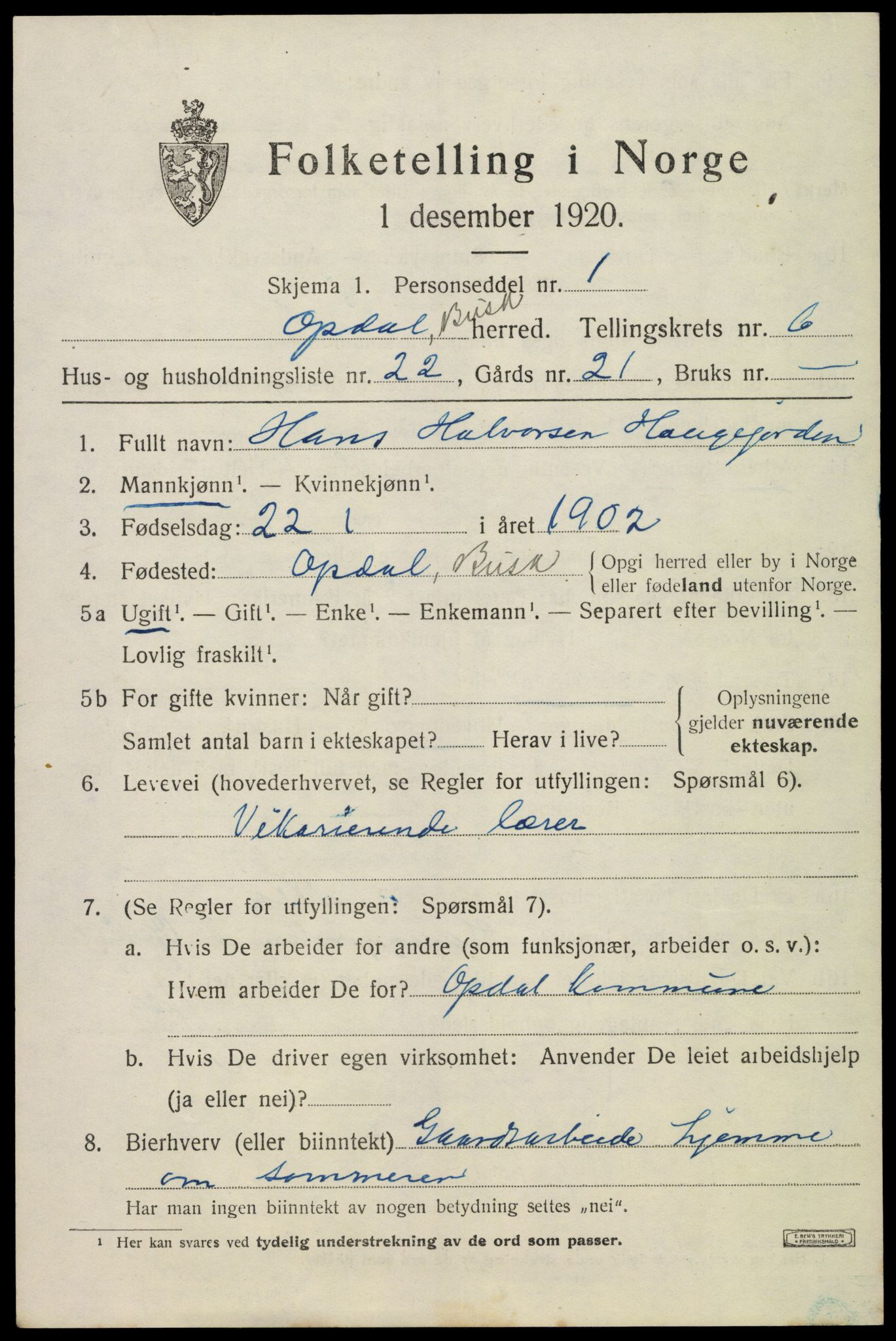 SAKO, 1920 census for Uvdal, 1920, p. 2737