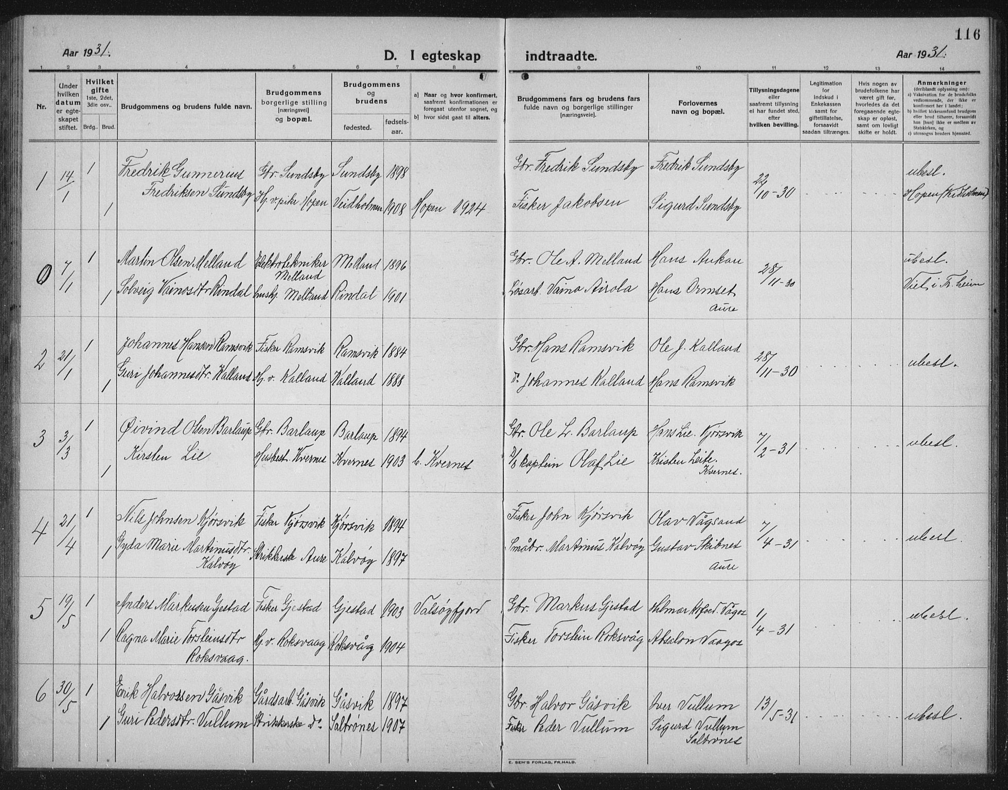 Ministerialprotokoller, klokkerbøker og fødselsregistre - Møre og Romsdal, AV/SAT-A-1454/578/L0911: Parish register (copy) no. 578C04, 1921-1940, p. 116