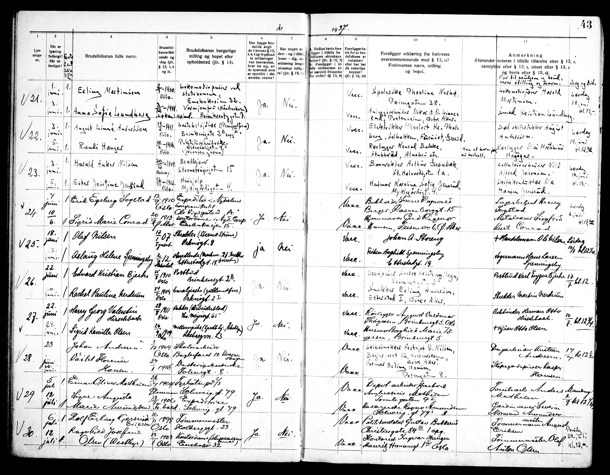 Vålerengen prestekontor Kirkebøker, AV/SAO-A-10878/H/Ha/L0004: Banns register no. 4, 1932-1947, p. 43