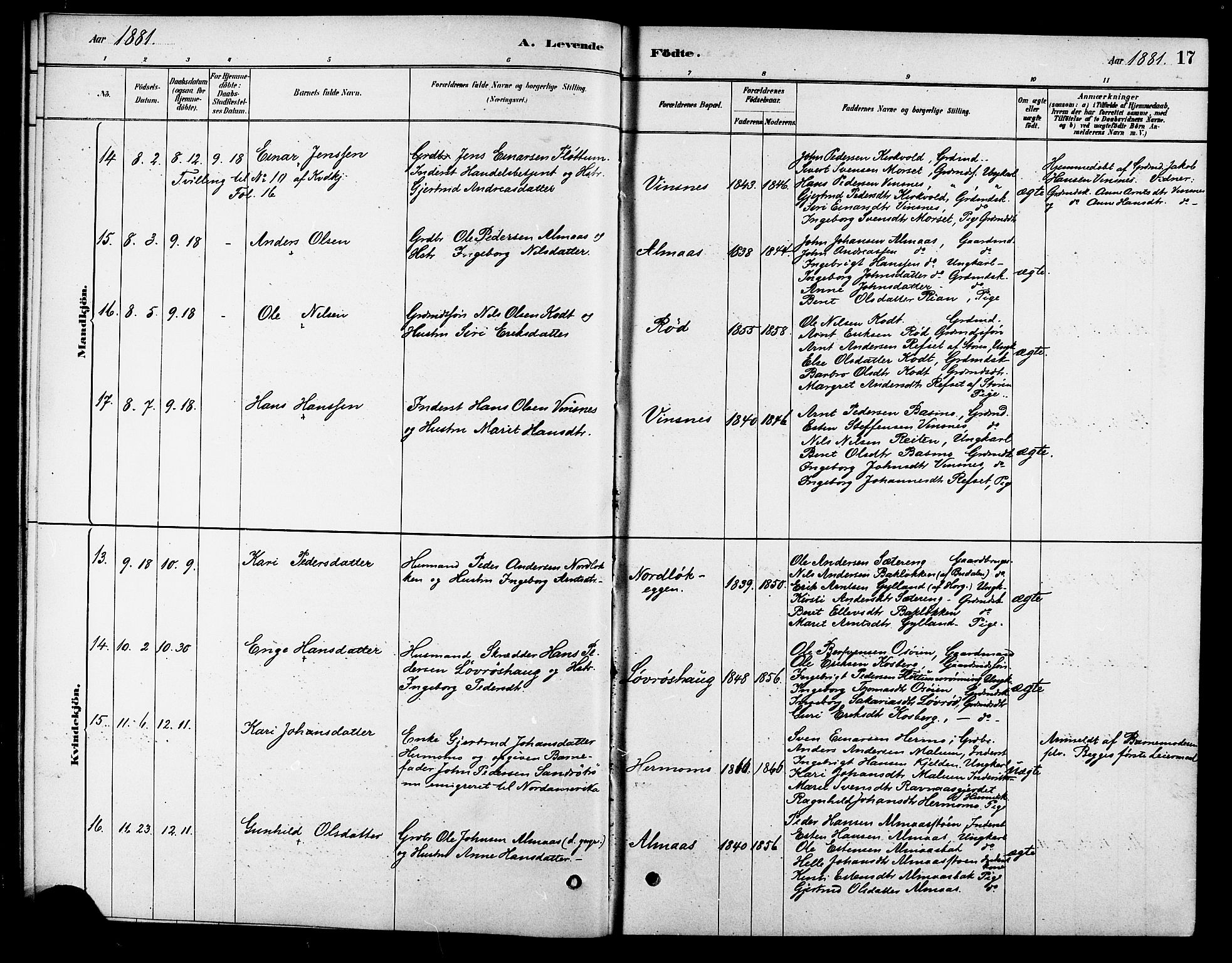 Ministerialprotokoller, klokkerbøker og fødselsregistre - Sør-Trøndelag, AV/SAT-A-1456/688/L1024: Parish register (official) no. 688A01, 1879-1890, p. 17