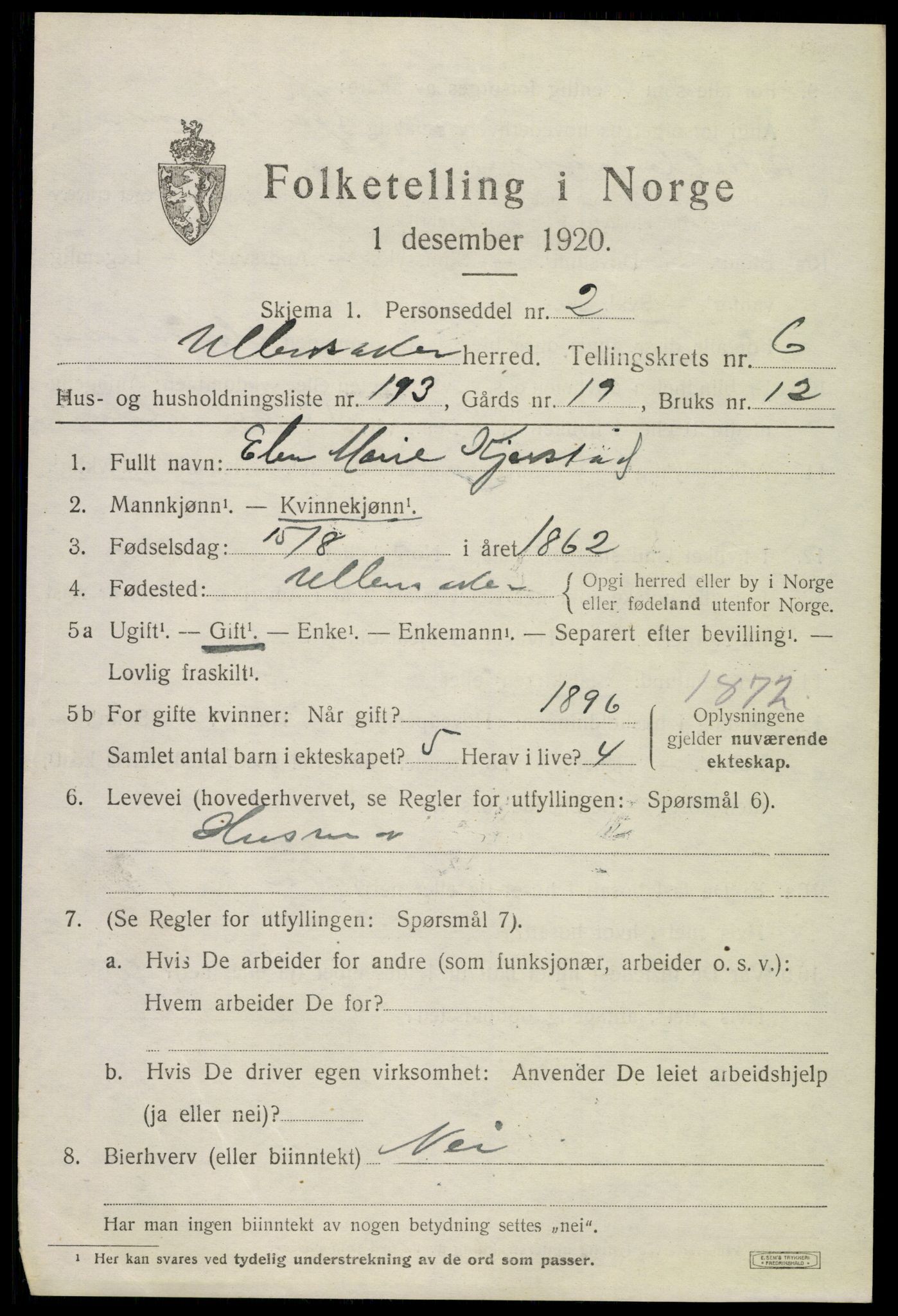 SAO, 1920 census for Ullensaker, 1920, p. 12861