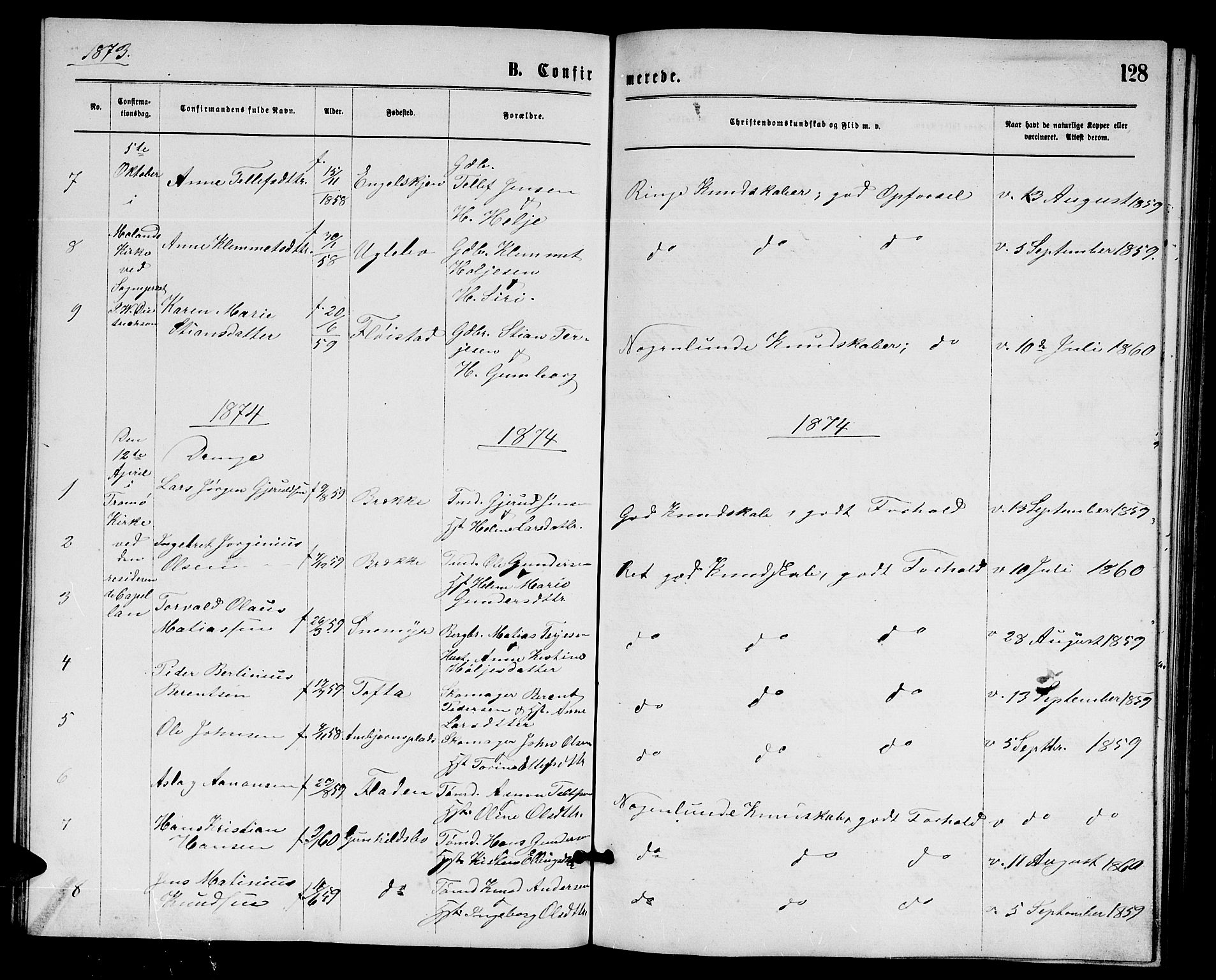 Austre Moland sokneprestkontor, SAK/1111-0001/F/Fb/Fba/L0002: Parish register (copy) no. B 2, 1869-1879, p. 128