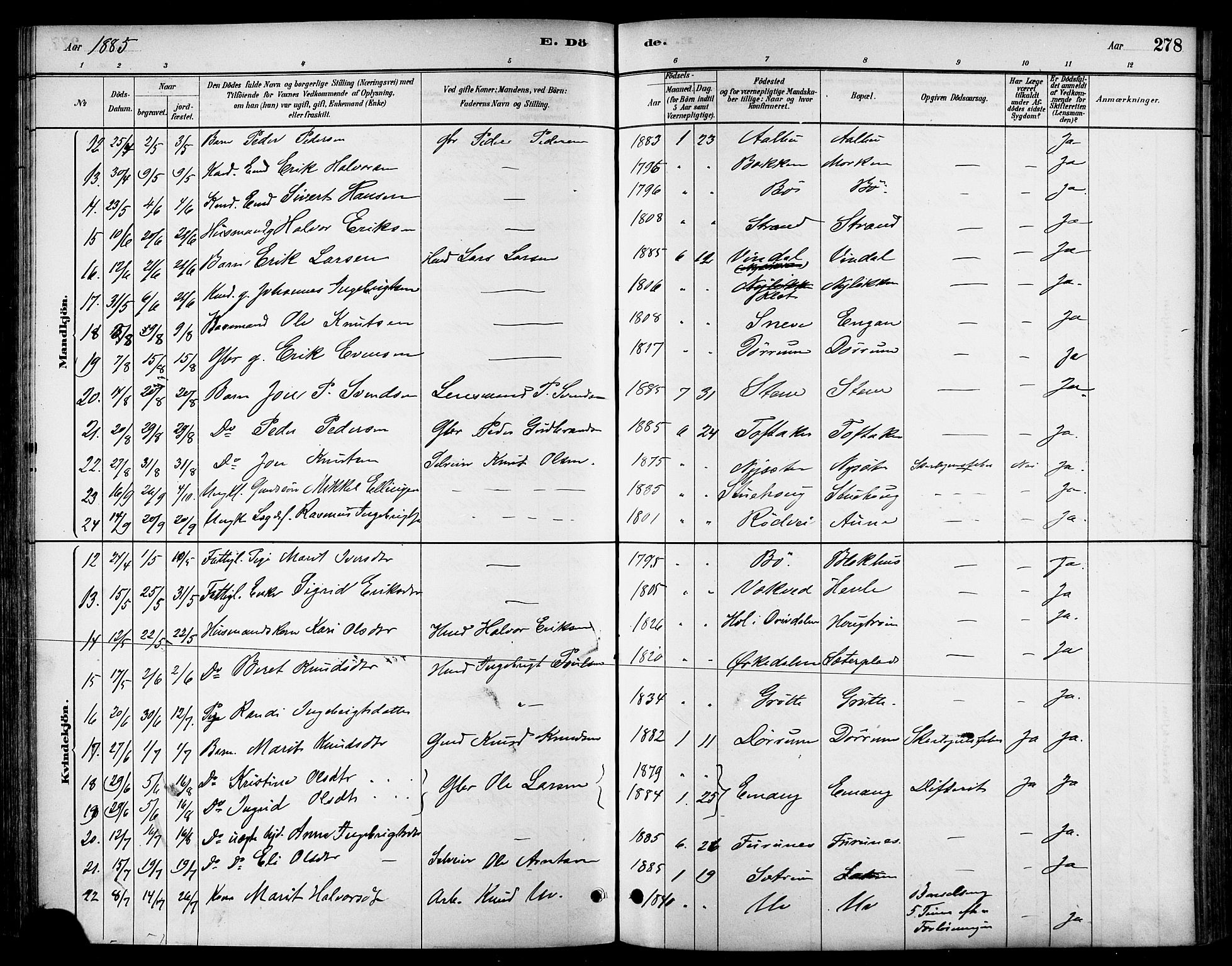 Ministerialprotokoller, klokkerbøker og fødselsregistre - Sør-Trøndelag, SAT/A-1456/678/L0901: Parish register (official) no. 678A10, 1881-1894, p. 278