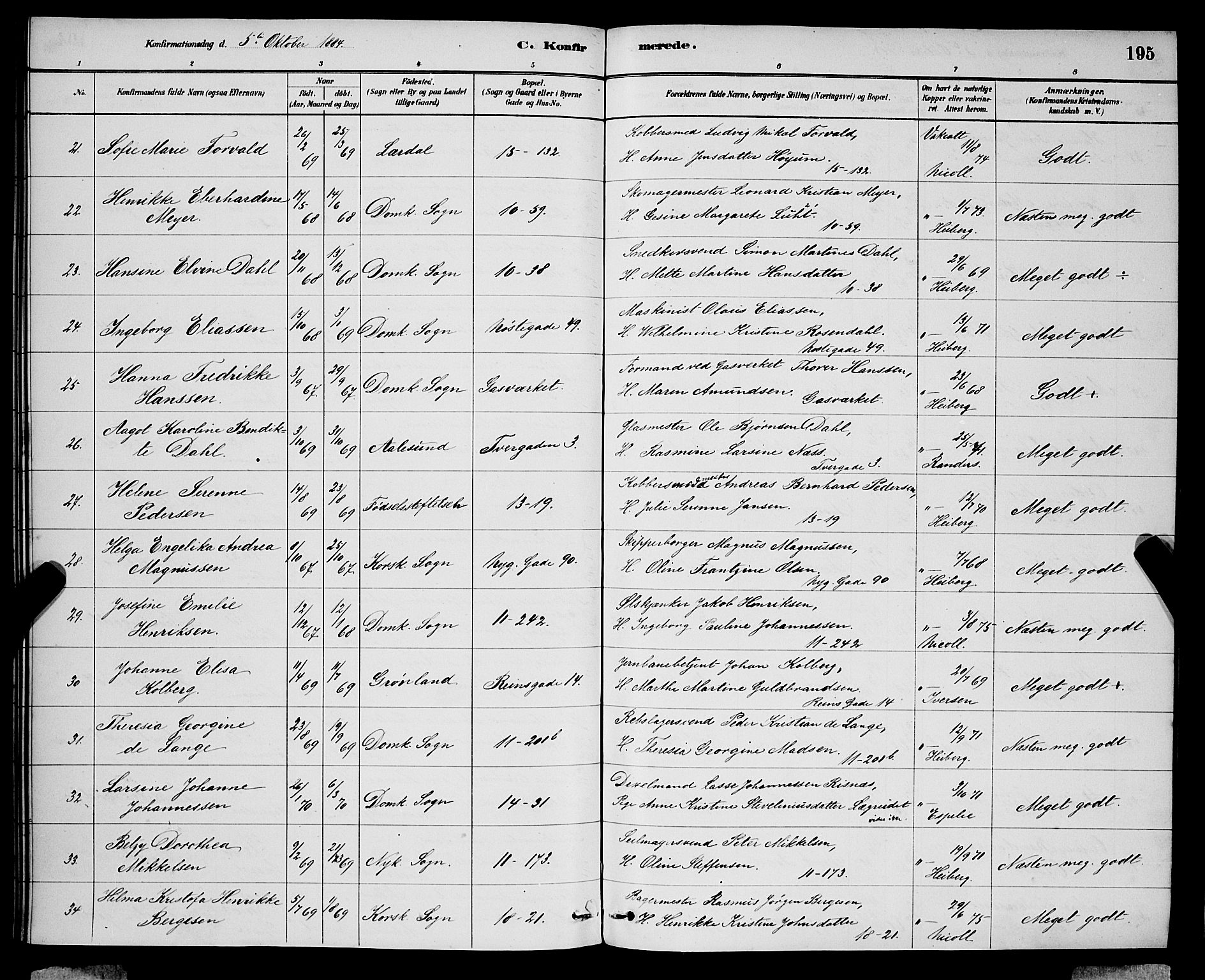 Domkirken sokneprestembete, AV/SAB-A-74801/H/Hab/L0024: Parish register (copy) no. C 4, 1880-1899, p. 195