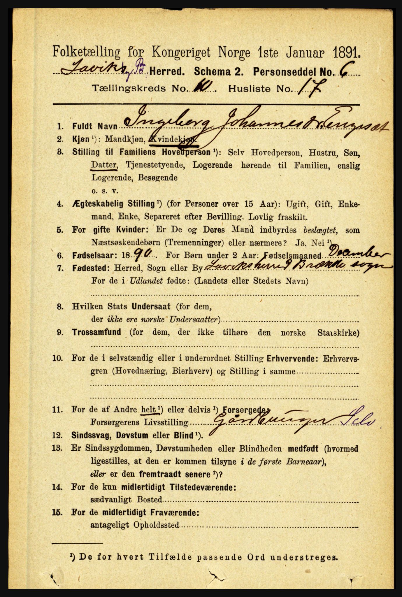 RA, 1891 census for 1415 Lavik og Brekke, 1891, p. 2103